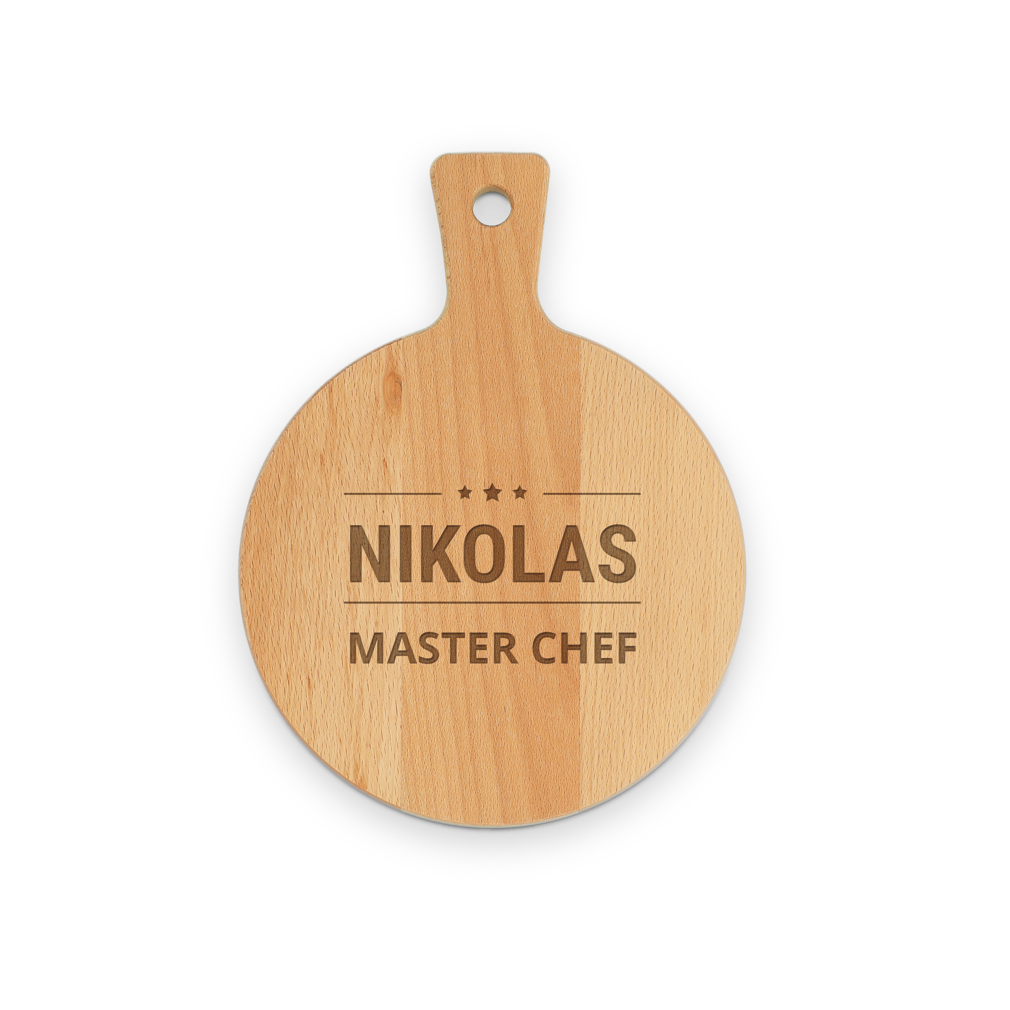 Rundes personalisiertes Holztablett mit der Gravur "NIKOLAS MASTER CHEF" und drei Sternen darüber