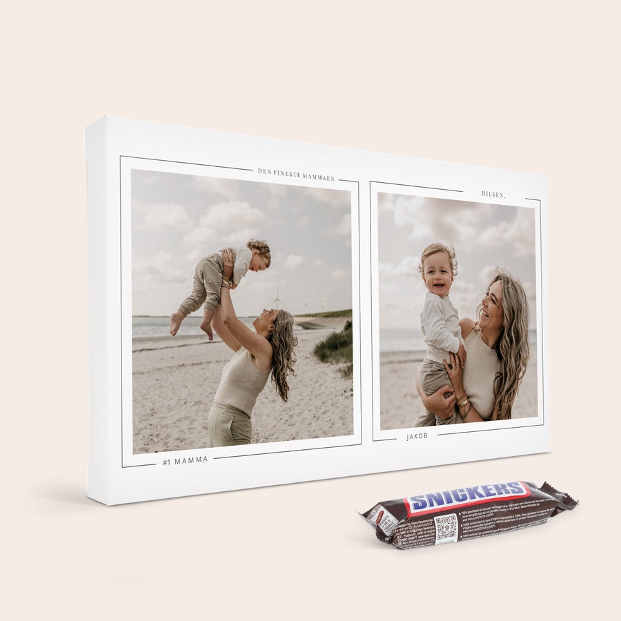 Snickers chokoladegave med navn og billede Hvid Snickers chokoladegaveæske trykt med billeder, navnene #1 Mamma og Jakob, og teksten Den Fineste Mammaen og Hilsen
