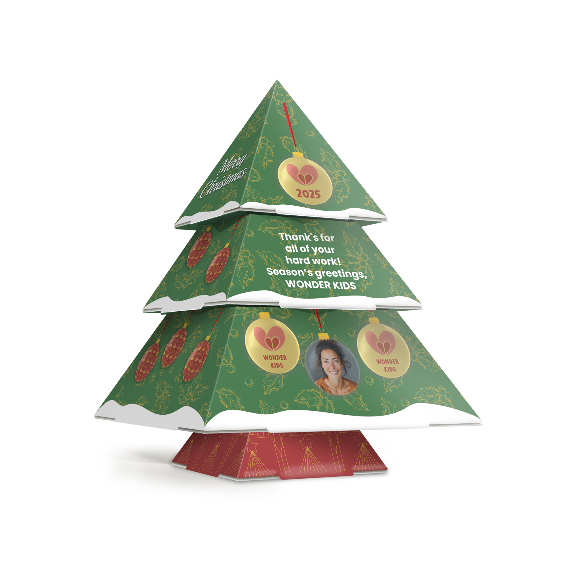 Árbol de Navidad DIY verde y rojo, impreso con felicitaciones, adornos con foto y el texto Ilumina las fiestas con un toque personal.