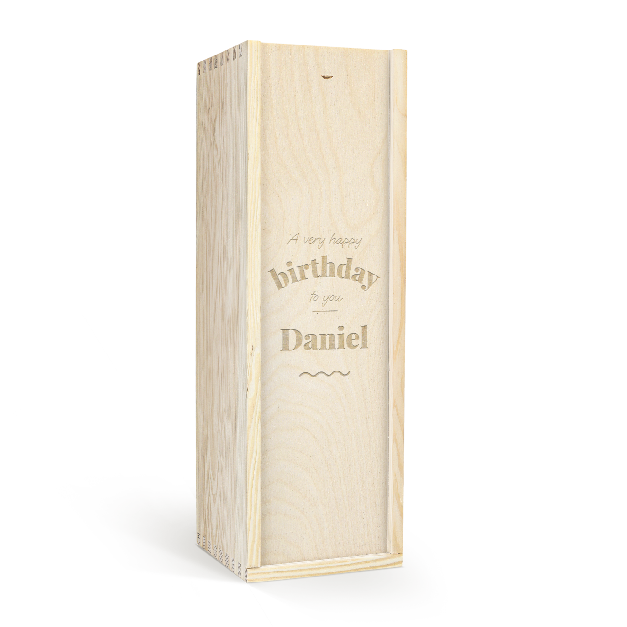 Caja de vino de madera personalizada, grabada con la frase "A very happy birthday to you" y el nombre "Daniel".