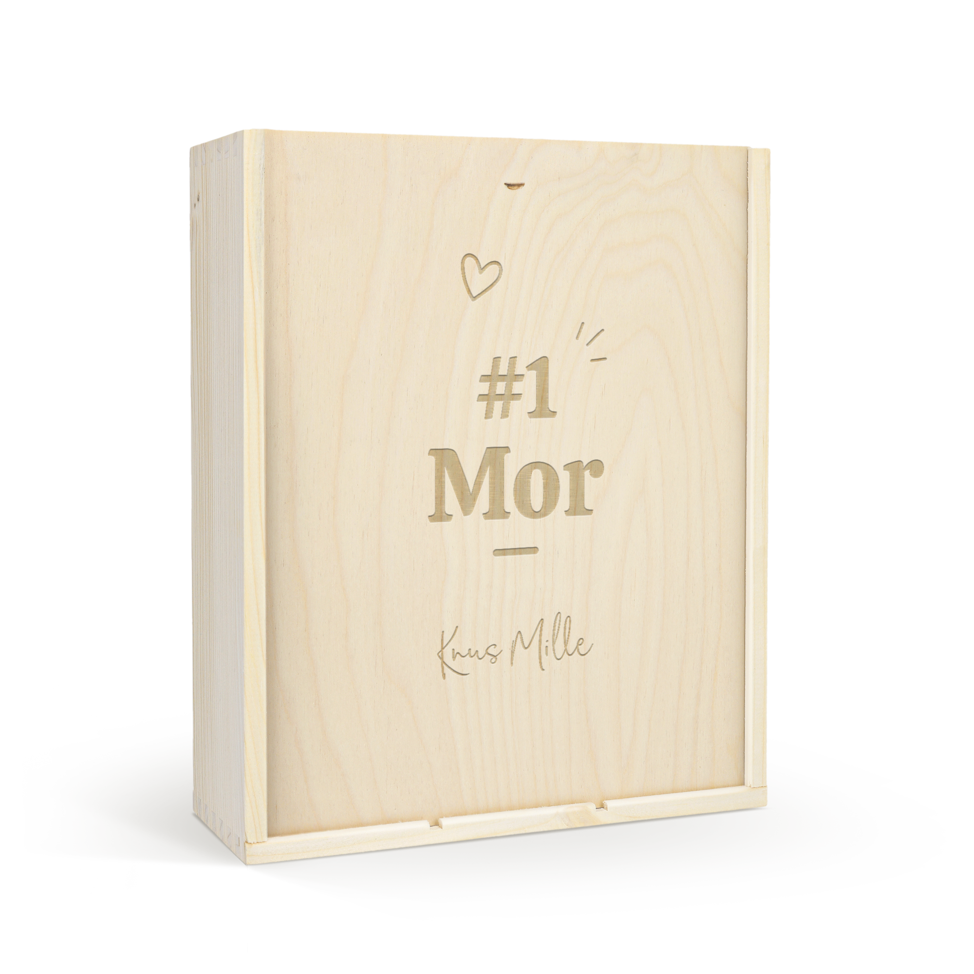 En luksus trækasse til vin med personlig gravering af hjerte #1 Mor og Knus Mille, plads til flaske og 2 hvidvinsglas