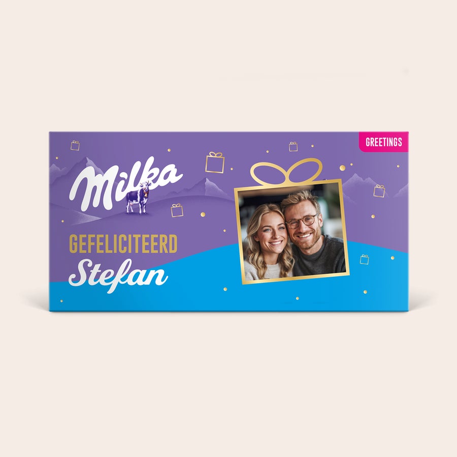 Gepersonaliseerde Milka reep - Hazelnoot Gepersonaliseerde Milka reep - Gebroken noten met eigen foto en de tekst Gefeliciteerd Stefan.
