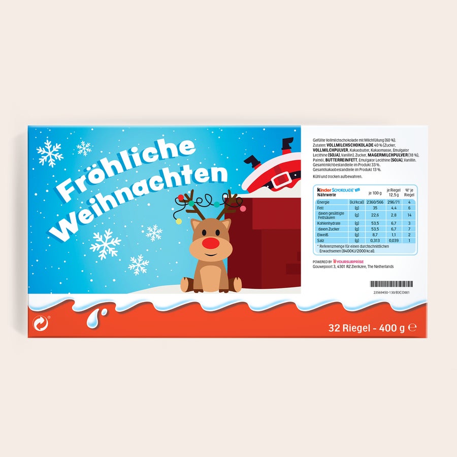 Mega kinder Schokolade mit Foto und Namen Mega kinder Schokolade mit Foto und Namen - 400 Gramm, aufgedrucktes Rentier und Weihnachtsmann, Frohe Weihnachten Schriftzug auf blauem Grund.