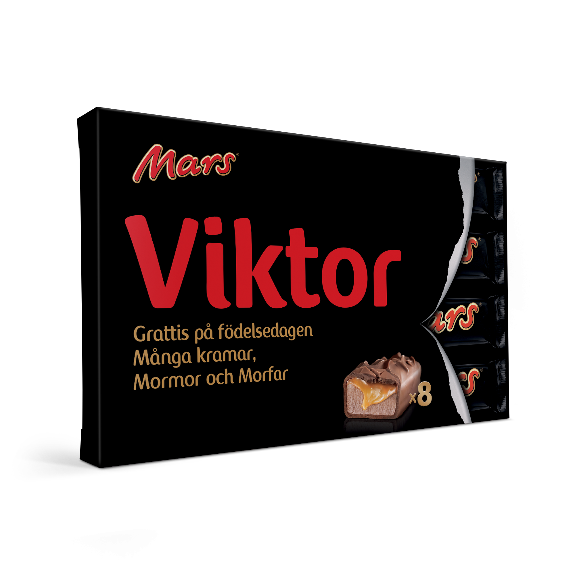Mars personliga presentboxar med Viktor och ett tryckt födelsedagsmeddelande