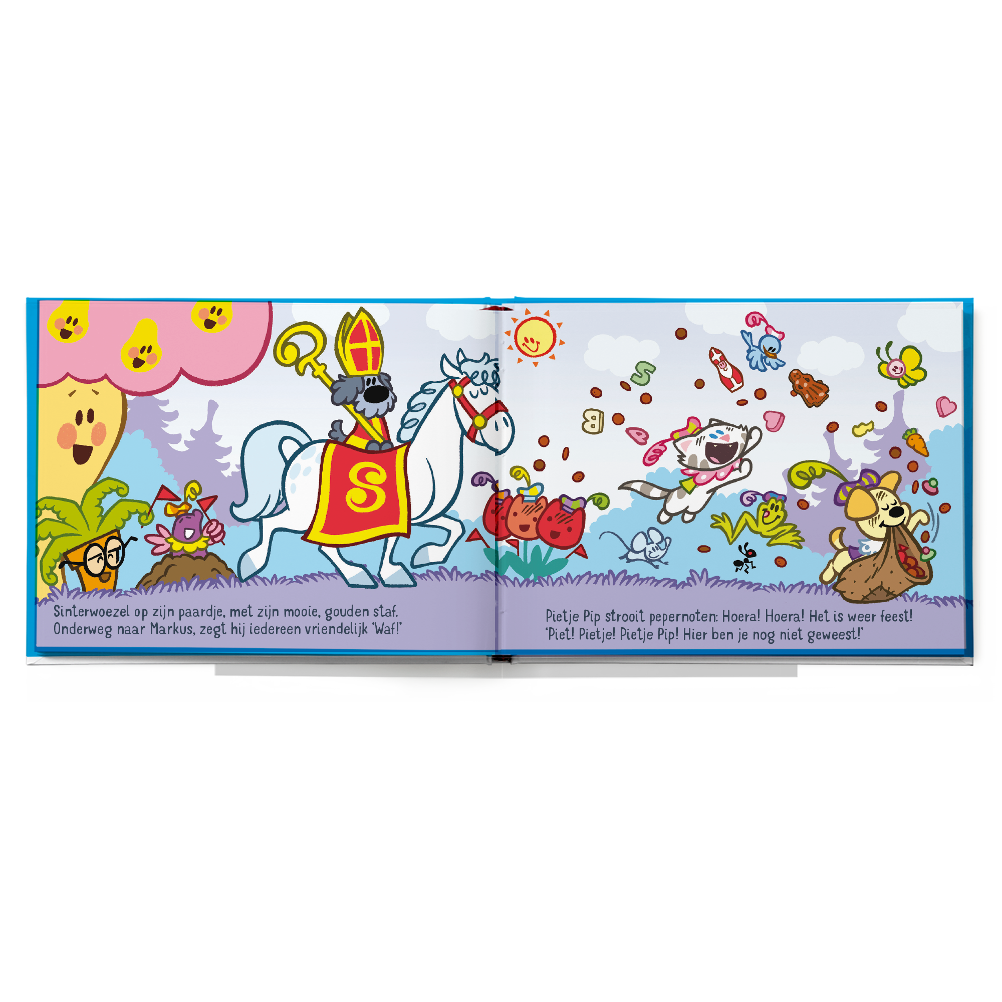 Gepersonaliseerd Woezel & Pip Hallo Sinterklaas kinderboek met eigen naam, afgedrukt op elke pagina.