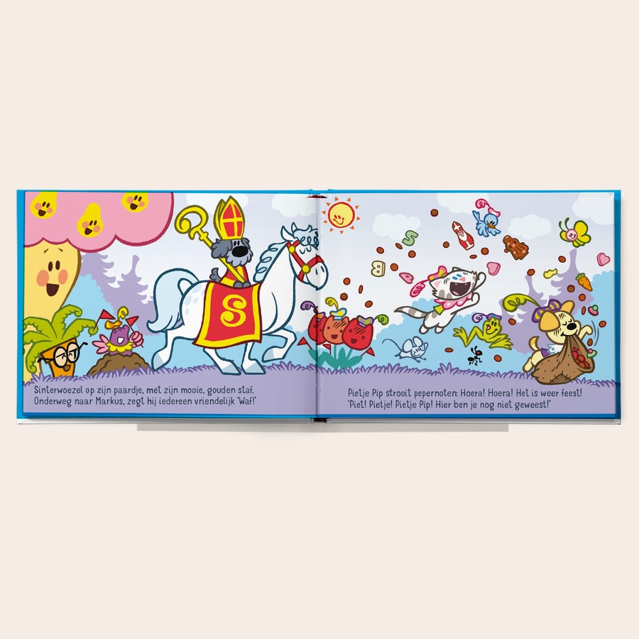 Woezel & Pip "Hallo Sinterklaas" personaliseren Gepersonaliseerd Woezel & Pip Hallo Sinterklaas kinderboek met eigen naam, afgedrukt op elke pagina.