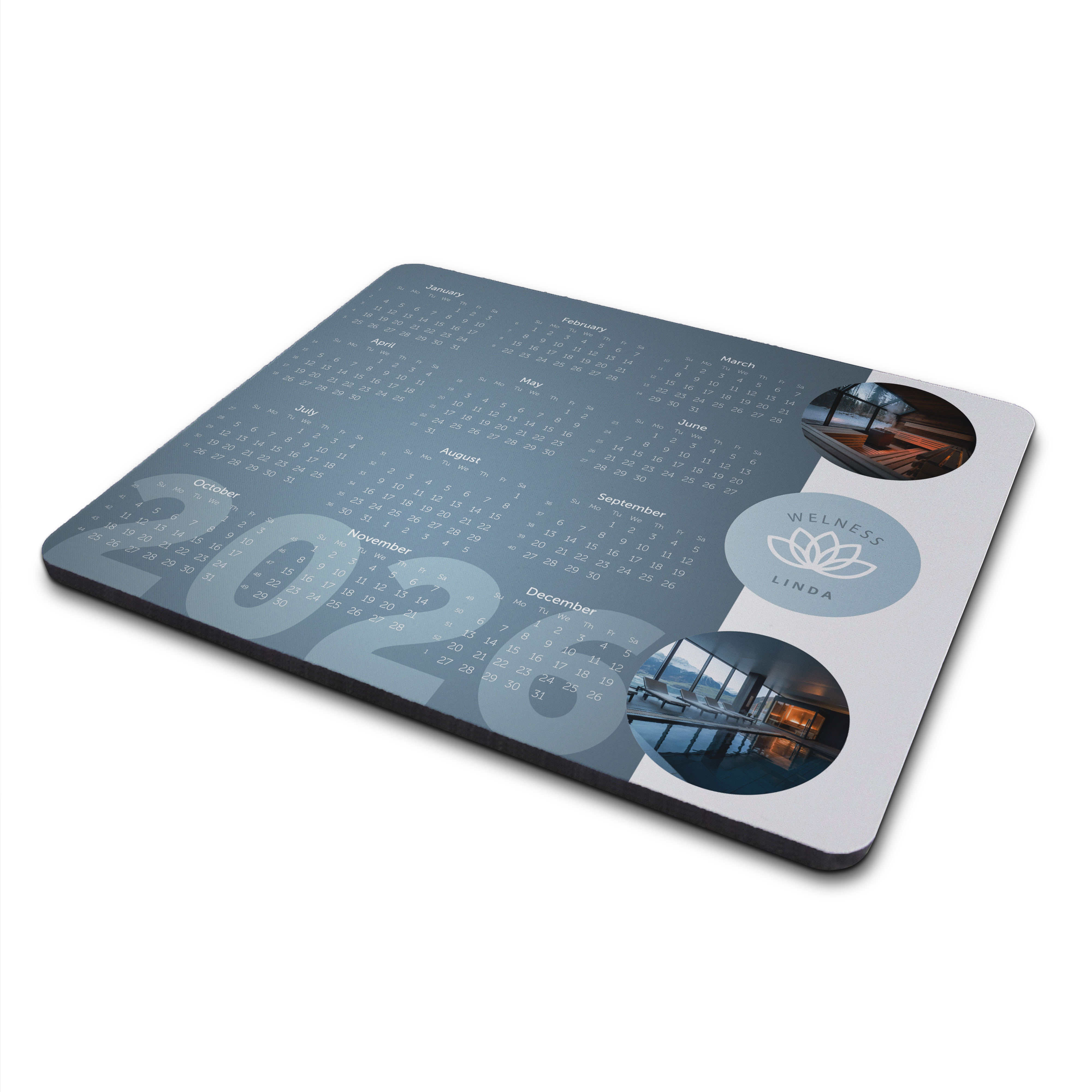 Tapis de souris personnalisé - Classique calendrier 2026 imprimé avec le logo "Wellness" et le nom "Linda" sur un design élégant.