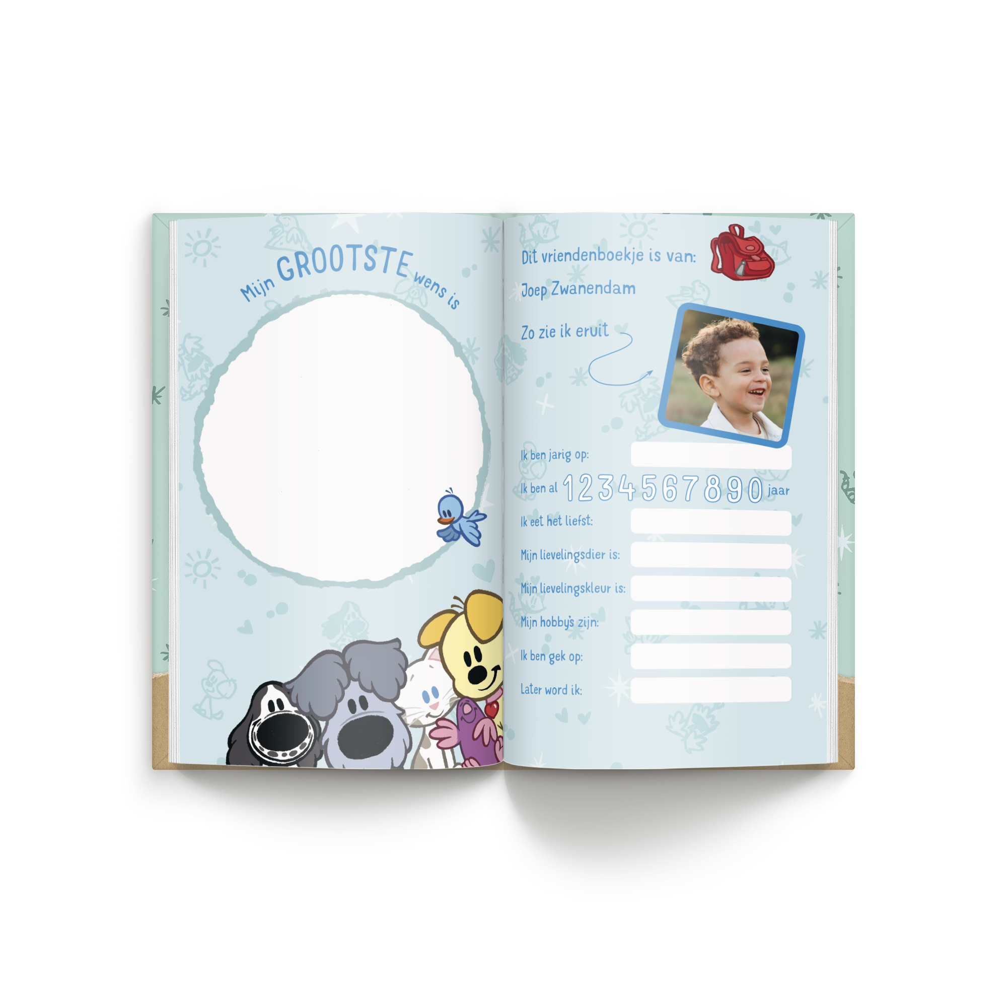 Open Woezel & Pip vriendenboekje met naam Joep Zwanendam en foto van een vrolijk lachende jongen.