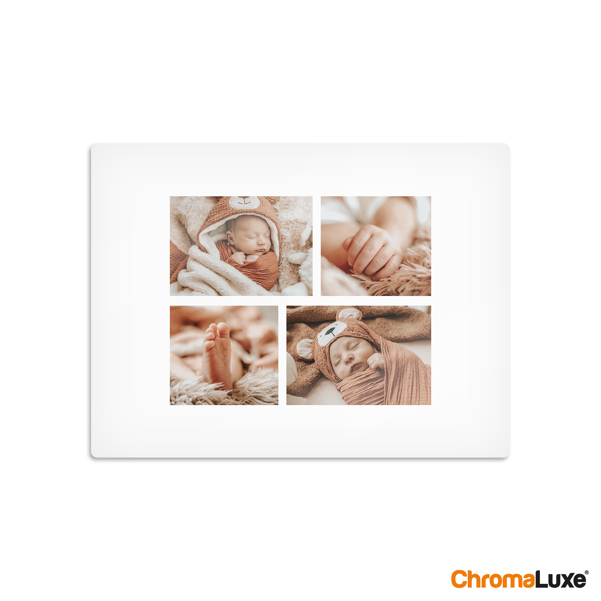 Chromaluxe aluminium photo print displaying four baby photos to capture your favorite memories