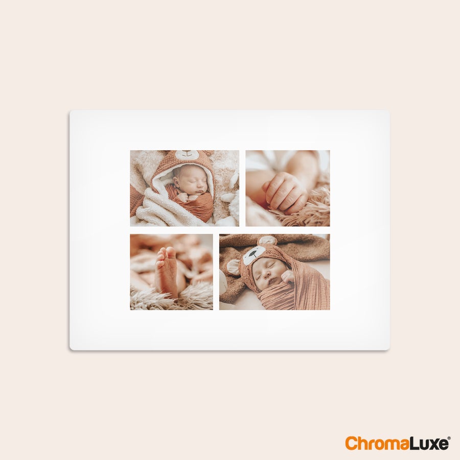 Impression photo sur aluminium Tableau photo personnalisé ChromaLuxe avec quatre photos de bébé endormi imprimées