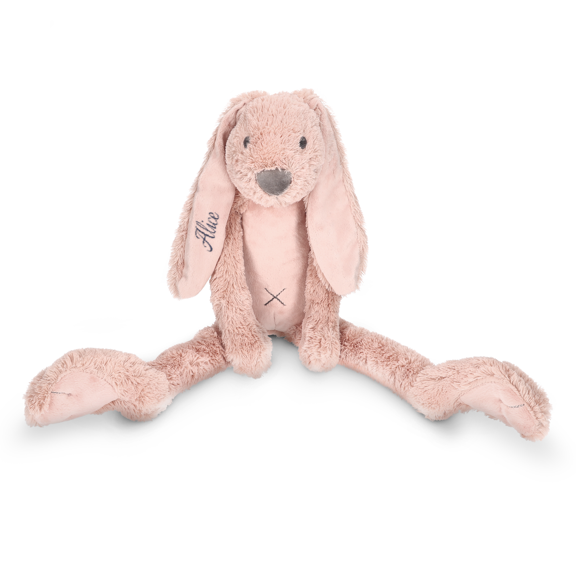 Conejo Richie de peluche rosa personalizado con el nombre Alice bordado en la oreja izquierda.