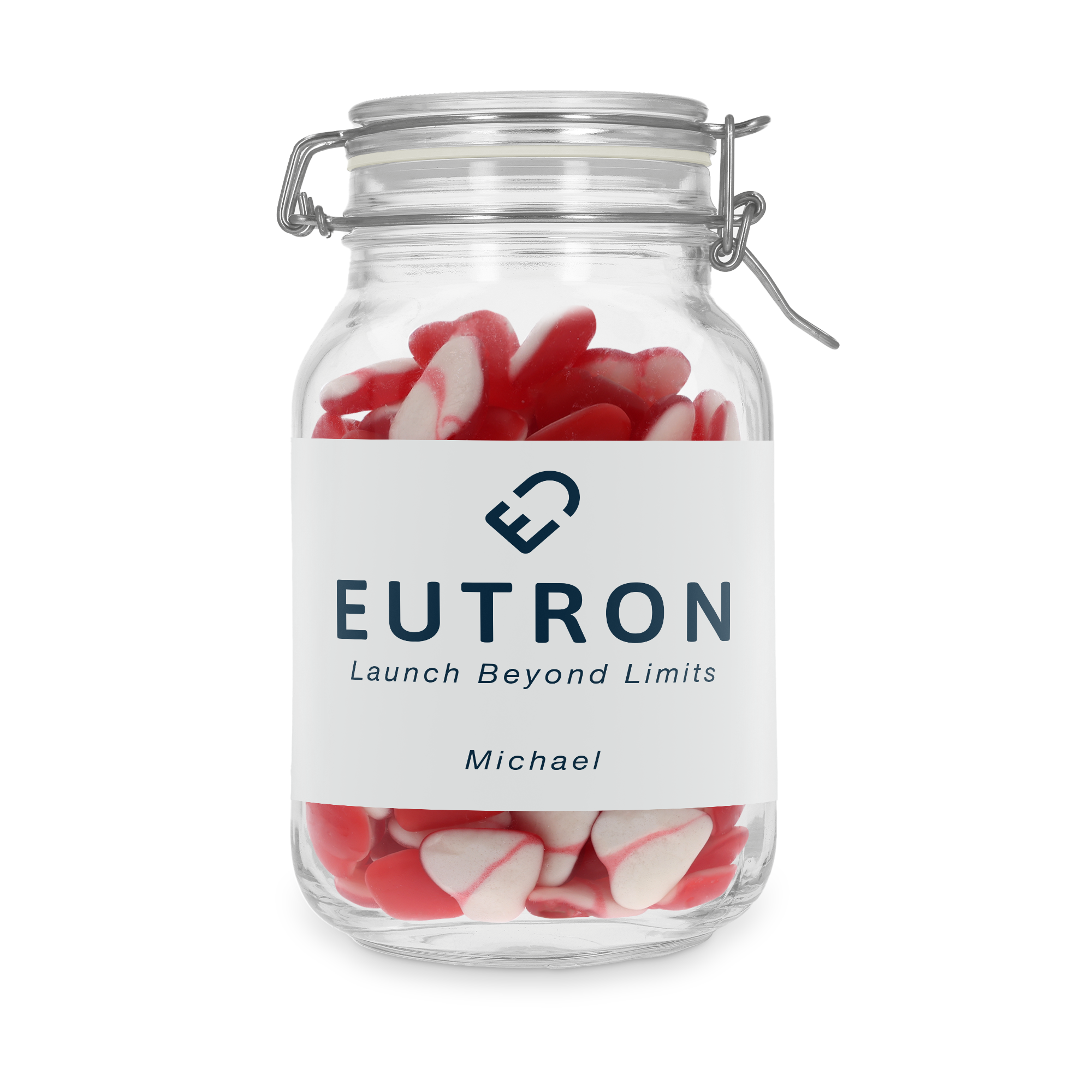 Bedrukte snoeppot met hartjes, gepersonaliseerd met het logo EUTRON, de tekst Launch Beyond Limits en de naam Michael