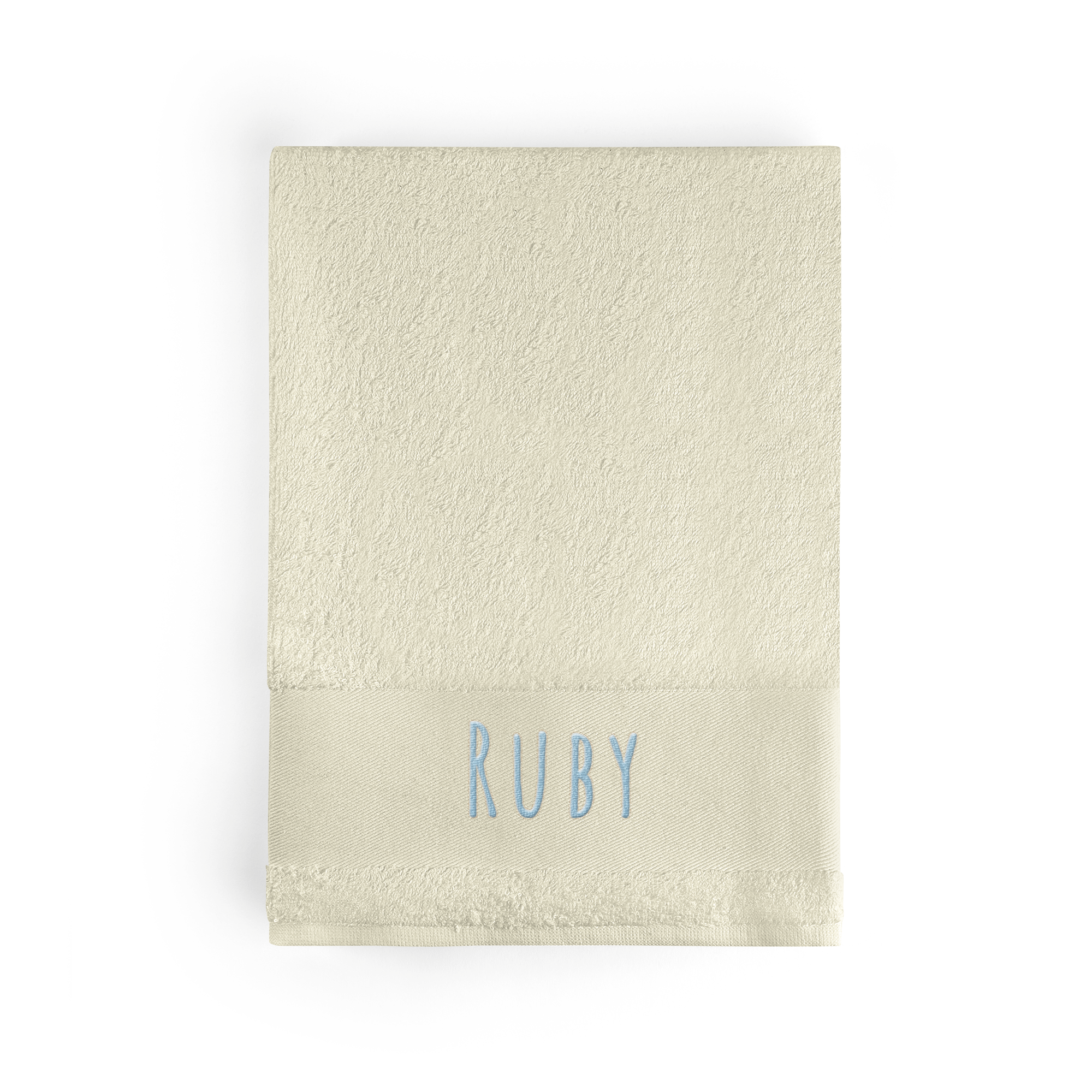 Beige bath towel embroidered with the name RUBY in blue, a personalized gift idea