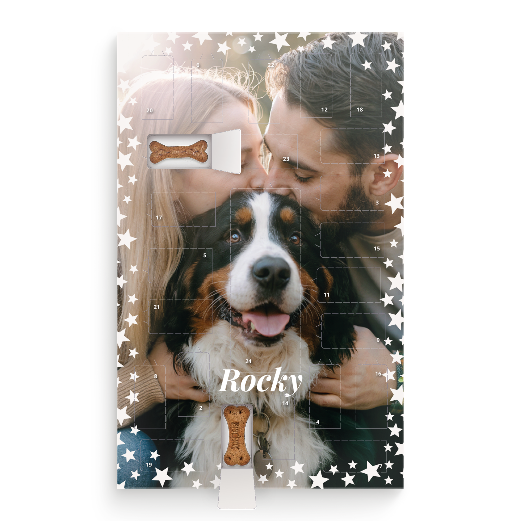 Calendário do advento personalizado para cães com foto impressa do cão Rocky e biscoitos para seu pet.