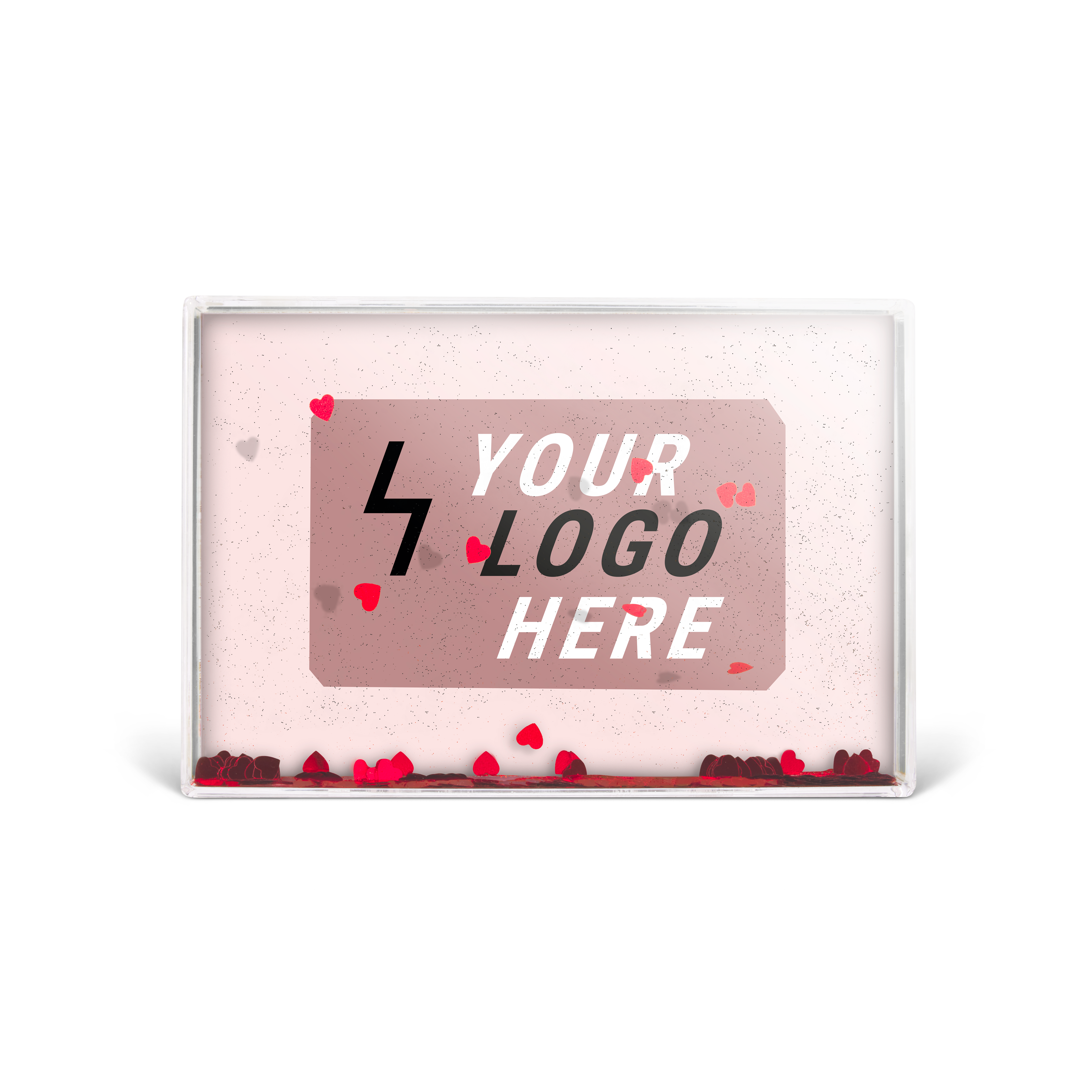 En rektangulär personlig snöglob fylld med hjärtan med texten Your Logo Here som kan anpassas med din egen bild
