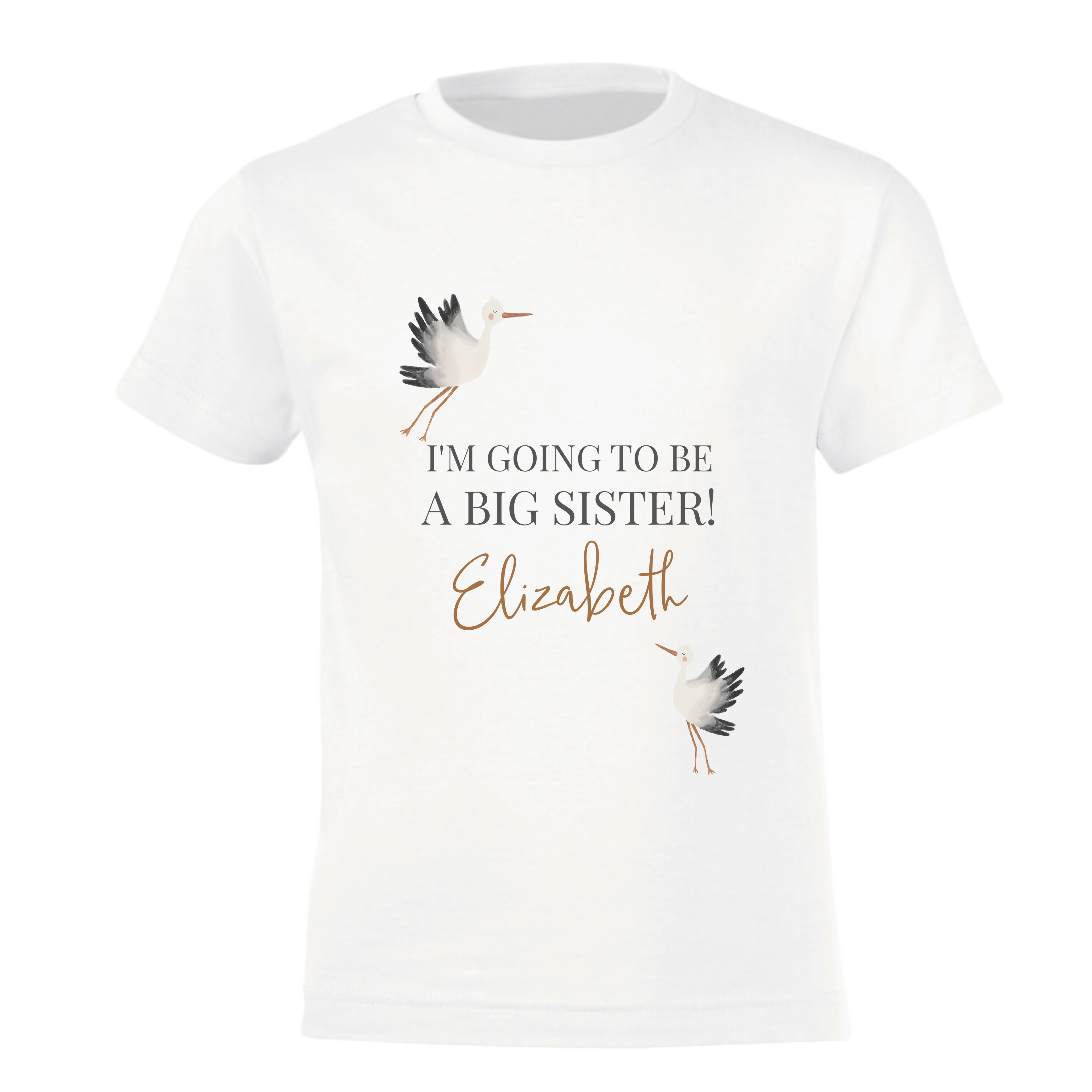 Bílé dětské tričko s potiskem, personalizované nápisem "I'M GOING TO BE A BIG SISTER! Elizabeth" a dvěma čápy.