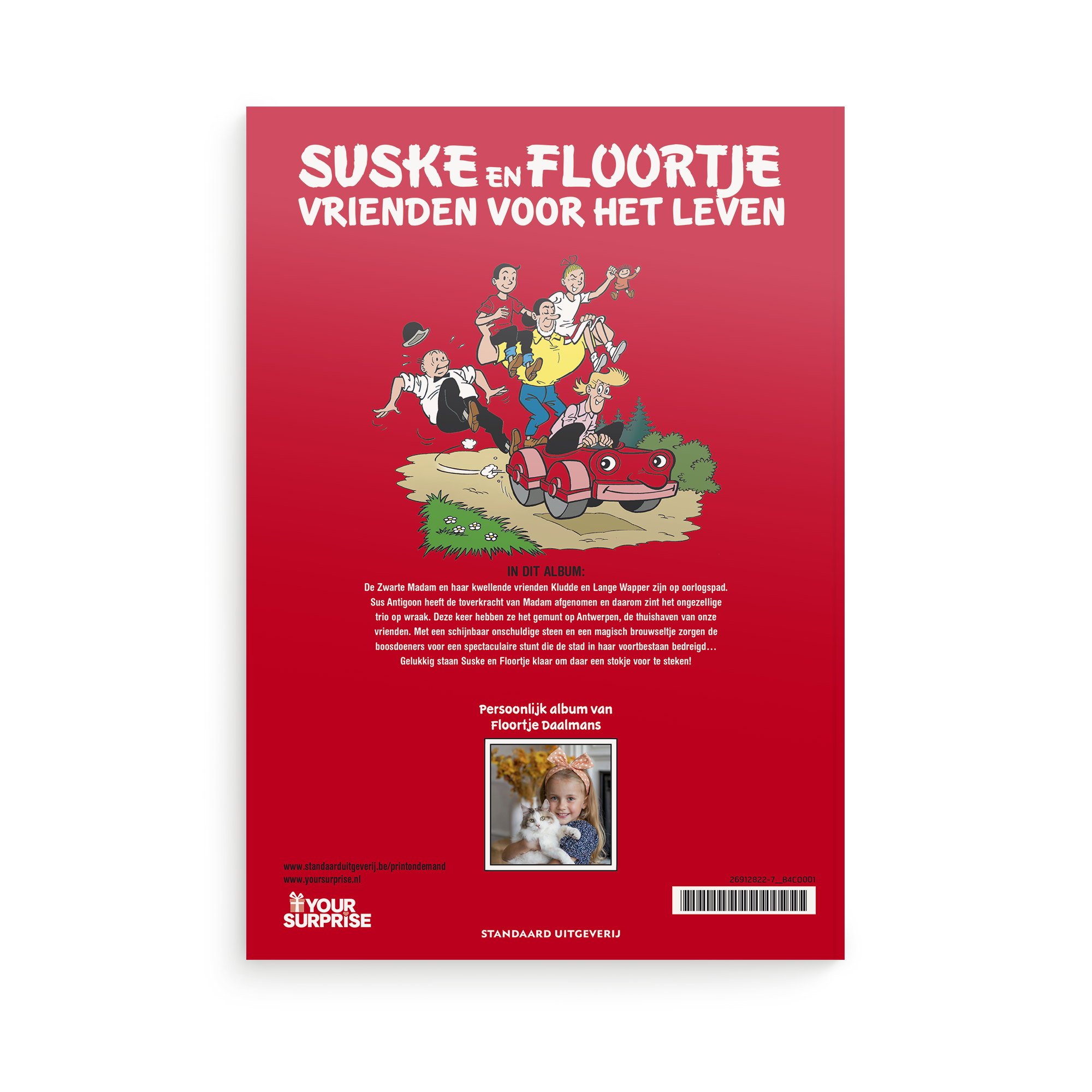 Persoonlijk stripboek Suske en Wiske 'De stuivende stad' (Softcover) met gepersonaliseerde foto en naam, inclusief albumtitel ‘Vrienden voor het leven’ en albumomschrijving.