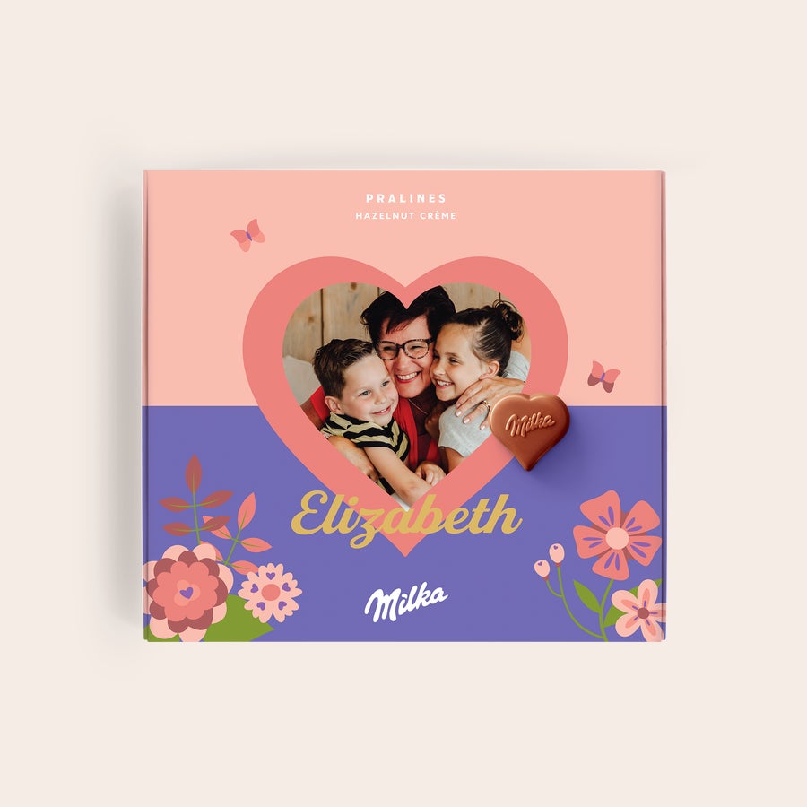 Pralinés de Milka Día de la madre Caja de regalo personalizada Dilo con Milka con foto de mamá e hijos, nombre Elizabeth y detalles florales.
