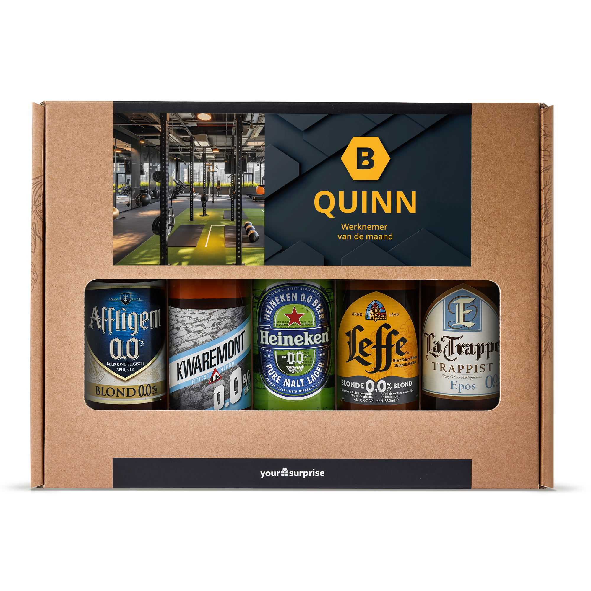 Alcoholvrij bierpakket in geschenkdoos bedrukt met foto en naam Quinn, Werknemer van de maand