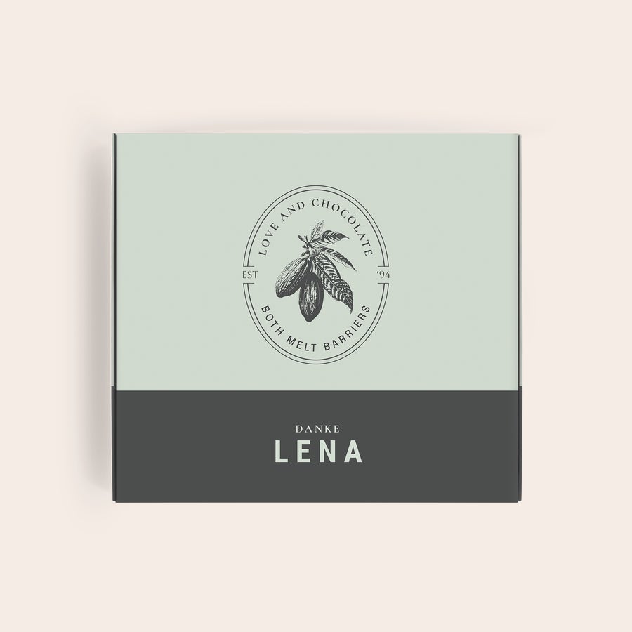 Milka Kleines Dankeschön Milka Geschenkbox in Hellgrün und Grau, bedruckt mit Kakao-Logo, personalisiert mit "DANKE LENA"