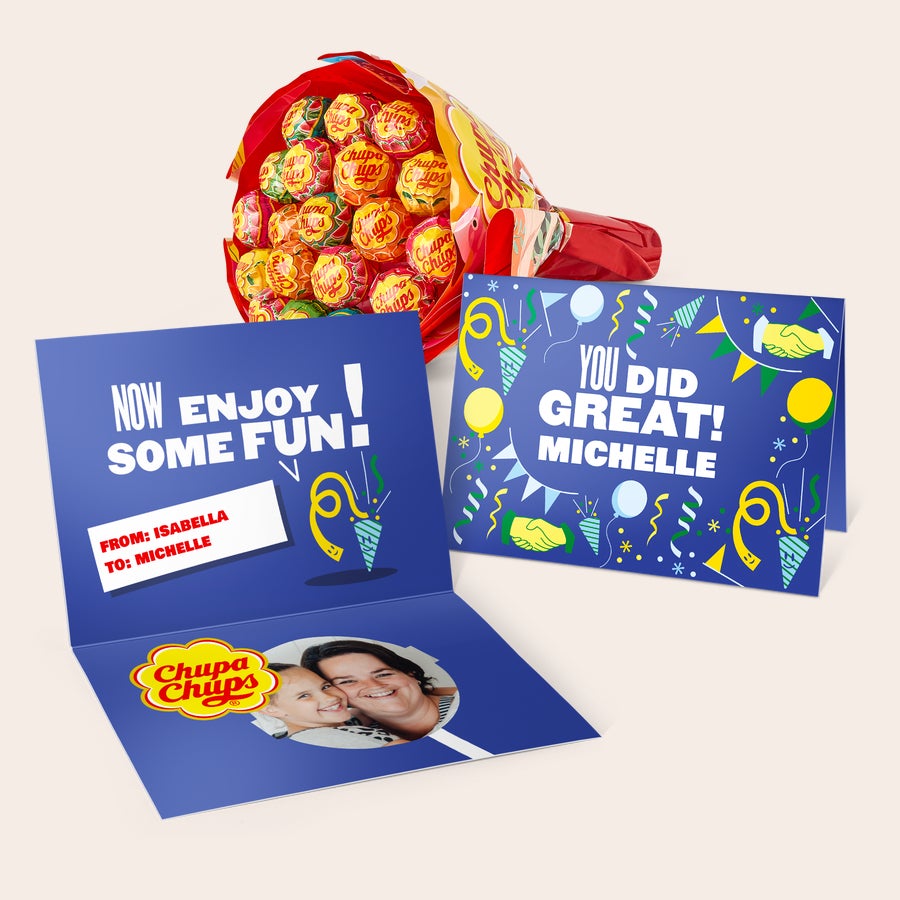 Chupa Chups Lolly Boeket met persoonlijke wenskaart Chupa Chups Lolly Boeket met gepersonaliseerde wenskaart, gedrukt met eigen foto en naam Michelle