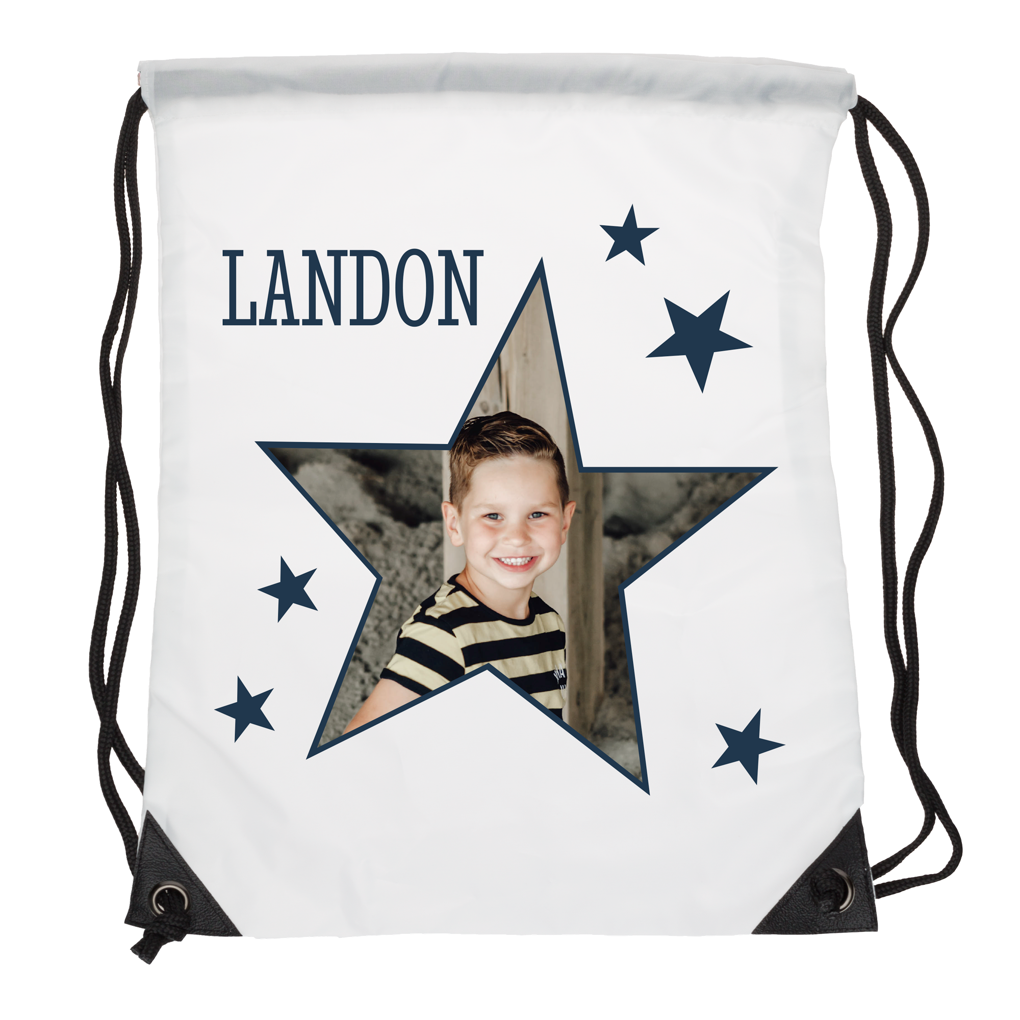 Gymbag blanco personalizado impreso con el nombre LANDON, una foto infantil y estrellas azules.