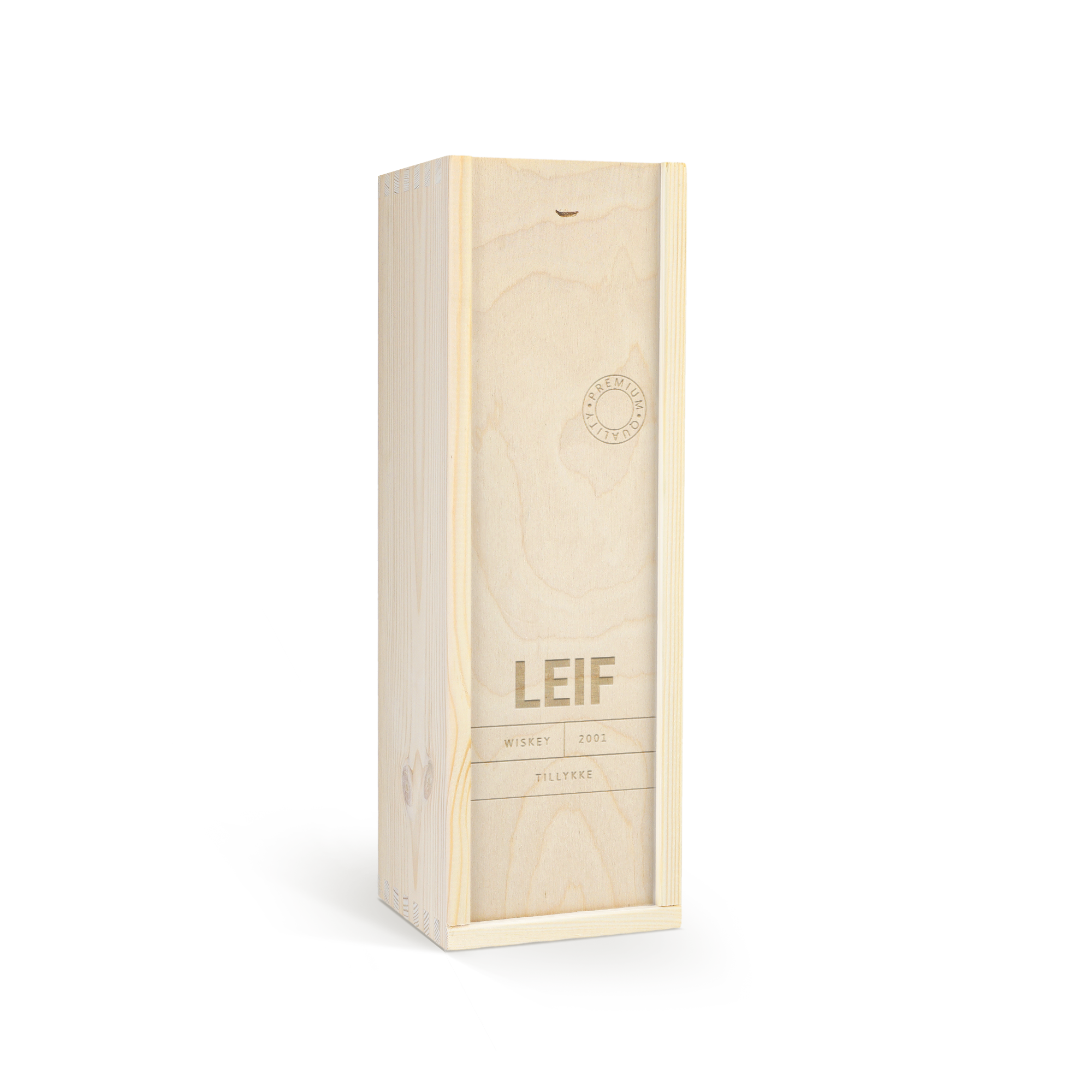 Personliggjort Glen Talloch whisky i indgraveret trææske med navn Leif, årstal 2001 og teksten Tillykke