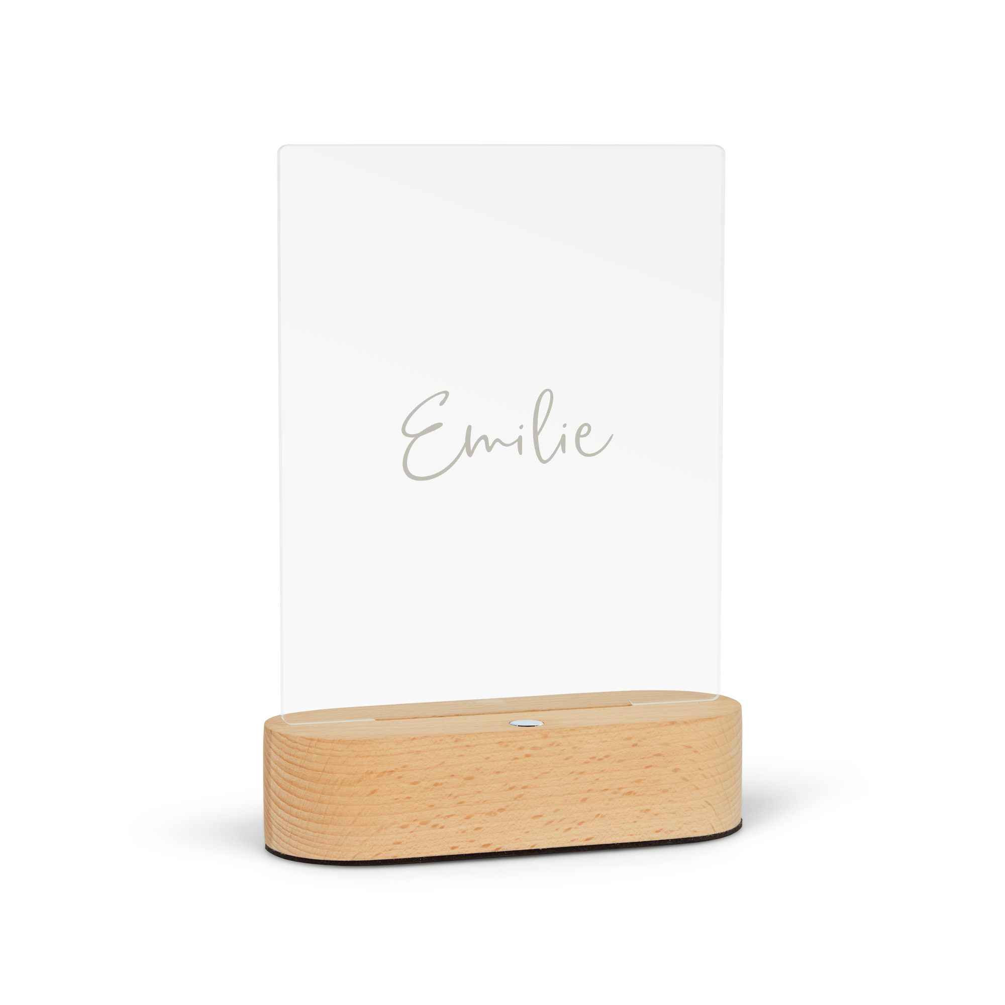 Lampe personnalisée en acrylique avec base en bois gravée du prénom Émilie pour éclairer d'une douce lumière