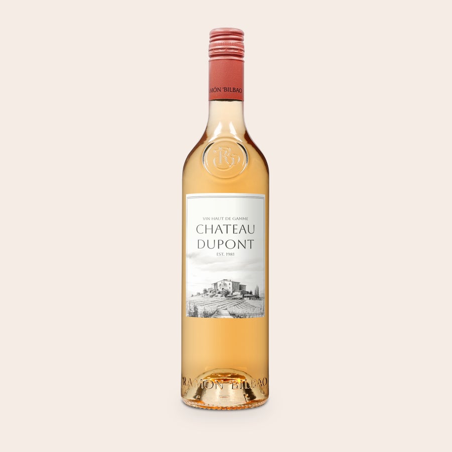 Ramon Bilbao Rosé - Étiquette personnalisée Bouteille de vin rosé Ramon Bilbao avec étiquette personnalisée "Château Dupont" imprimée d'un vignoble