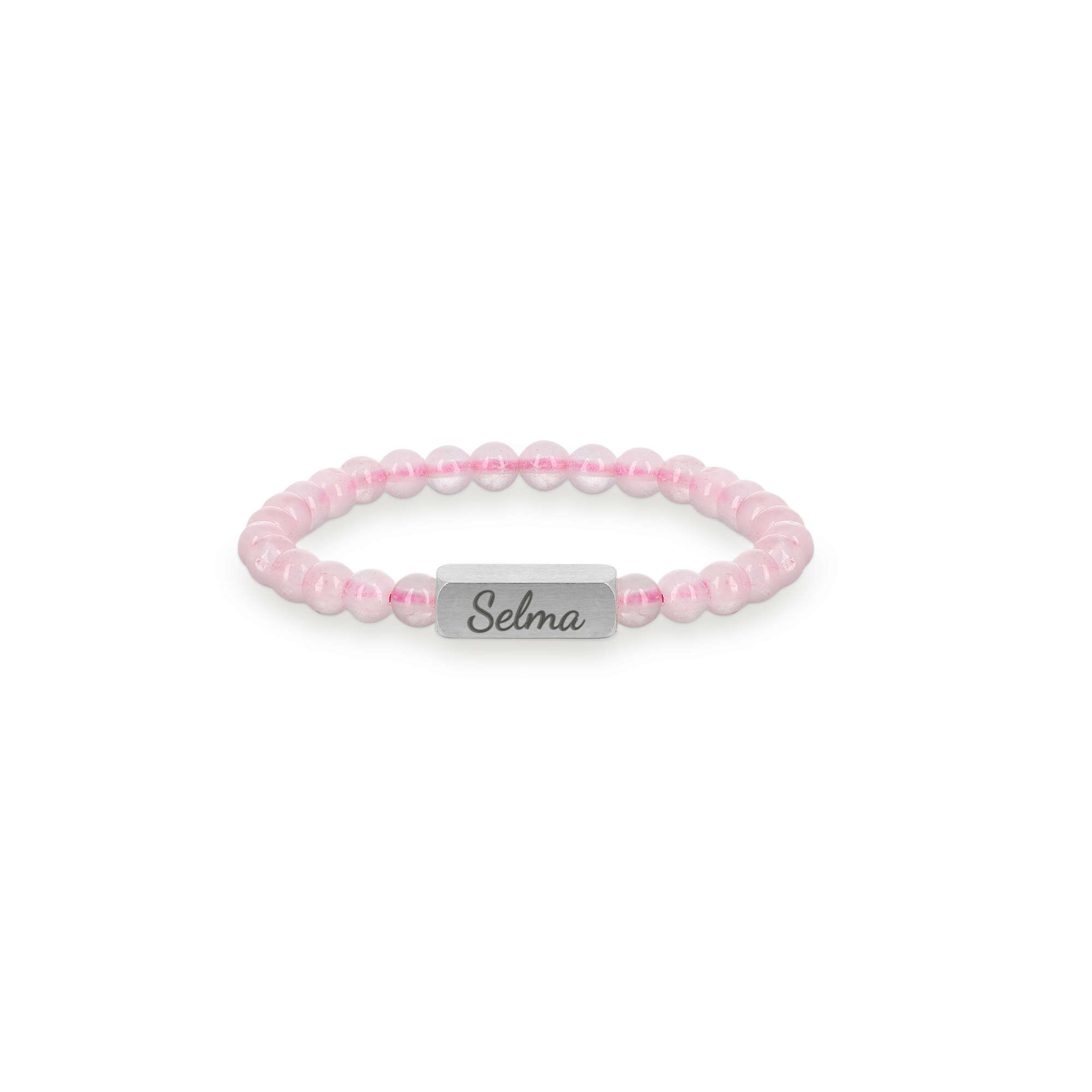 Armbånd med graveret rosenkvarts til børn i XS 4 mm sølv med navnet Selma. Personliggør dette armbånd med din egen gravering.