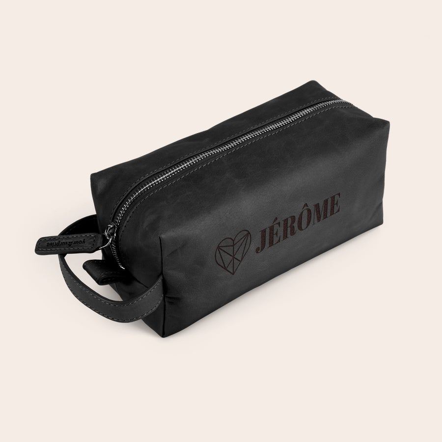 Trousse de toilette en cuir gravé Trousse de toilette personnalisée en cuir noir avec prénom Jérôme gravé