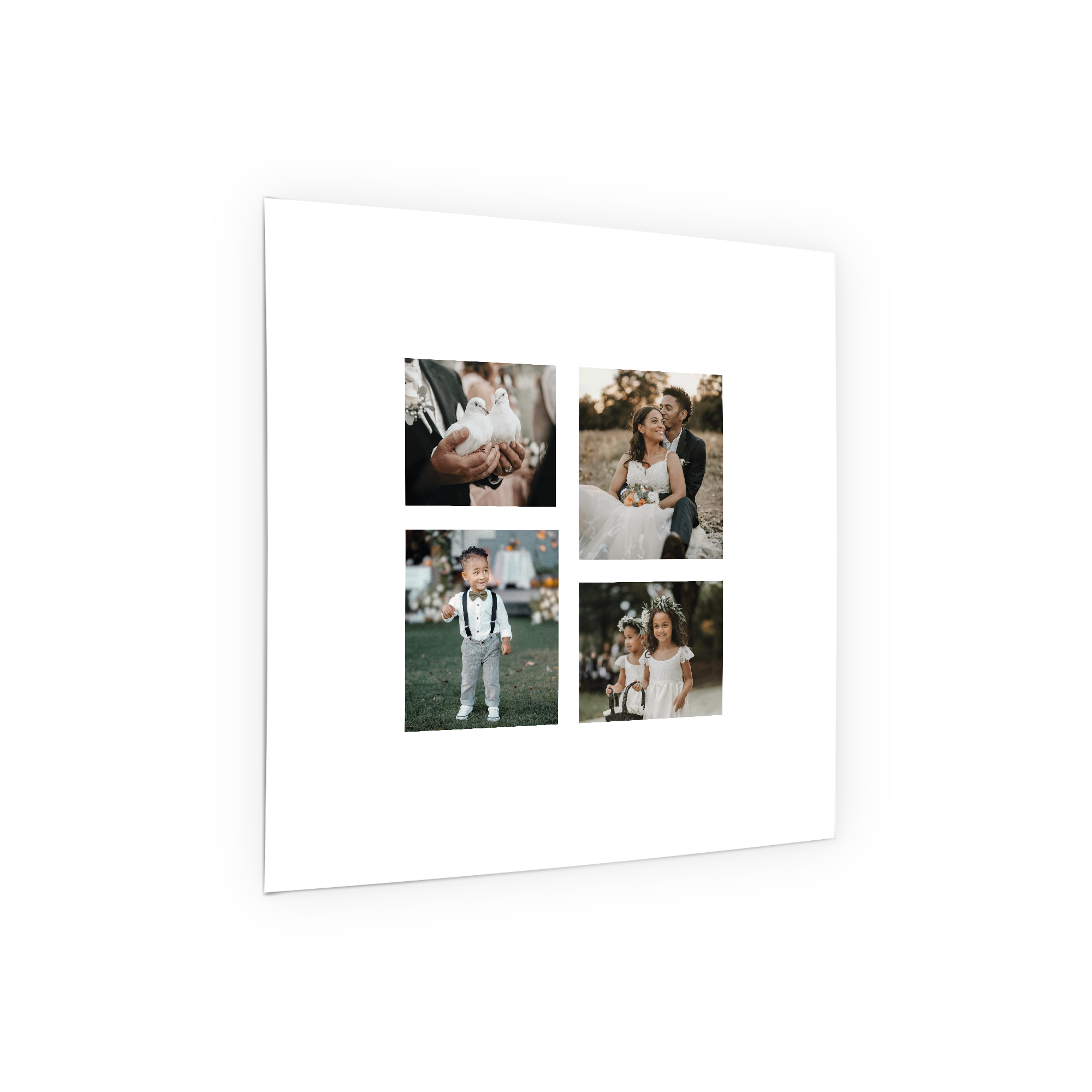 Odbitki z plakatów w czarnej ramie z kolażem czterech zdjęć ulubionych chwil, w tym ślubnych i dziecięcych.