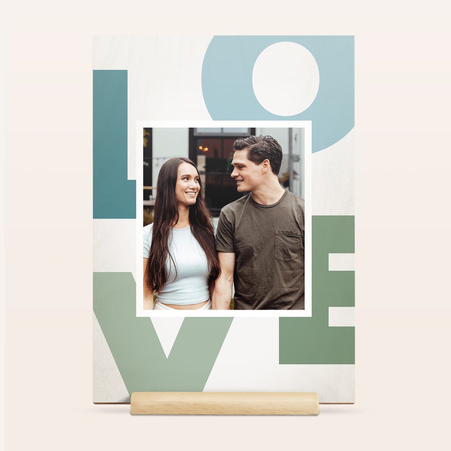 Custom wooden Valentines card Personalized wooden Valentines day card printed with a photo of a couple and the word LOVE in large letters