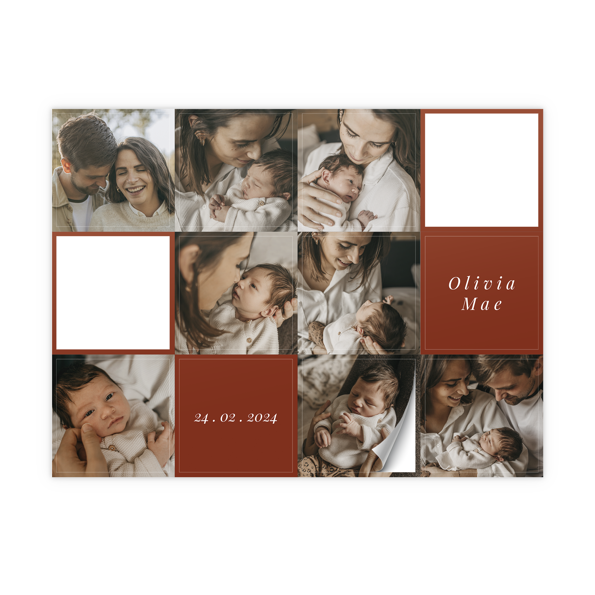 Gepersonaliseerde stickers met fotocollage, naam 'Olivia Mae' en datum '24.02.2024' bedrukt met jouw design.