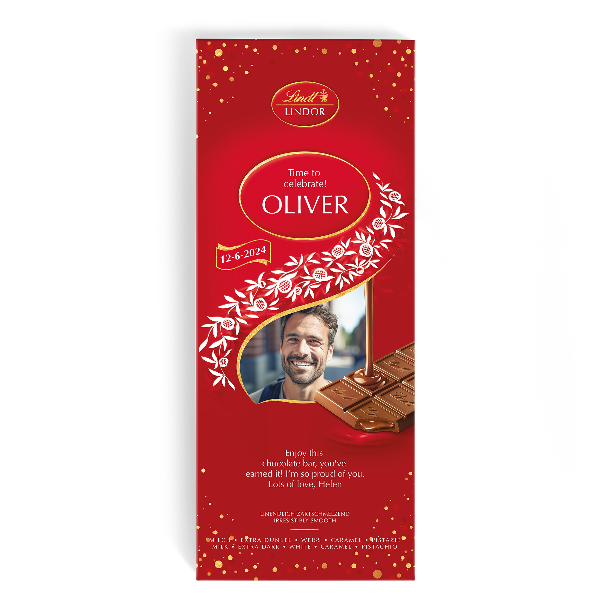 Chocolate XL Lindor personalizado con foto, nombre Oliver y fecha 12-6-2024 en envoltorio rojo con puntos dorados.