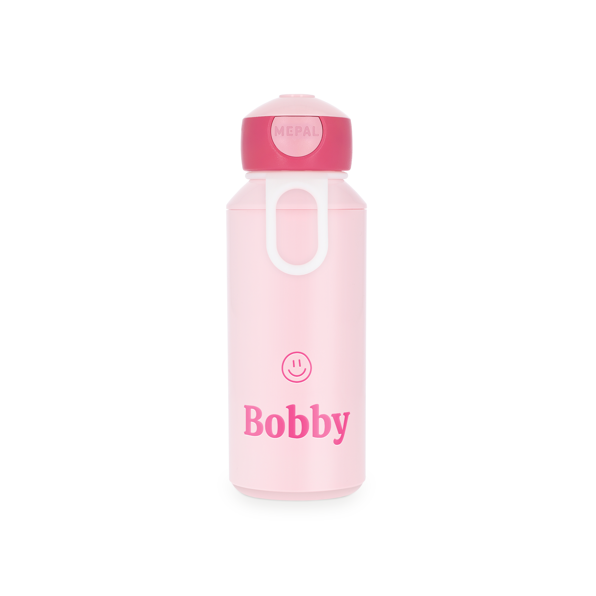 Garrafa de água Mepal rosa personalizada com o nome Bobby e um smiley, impressa para acompanhar todos os lugares.