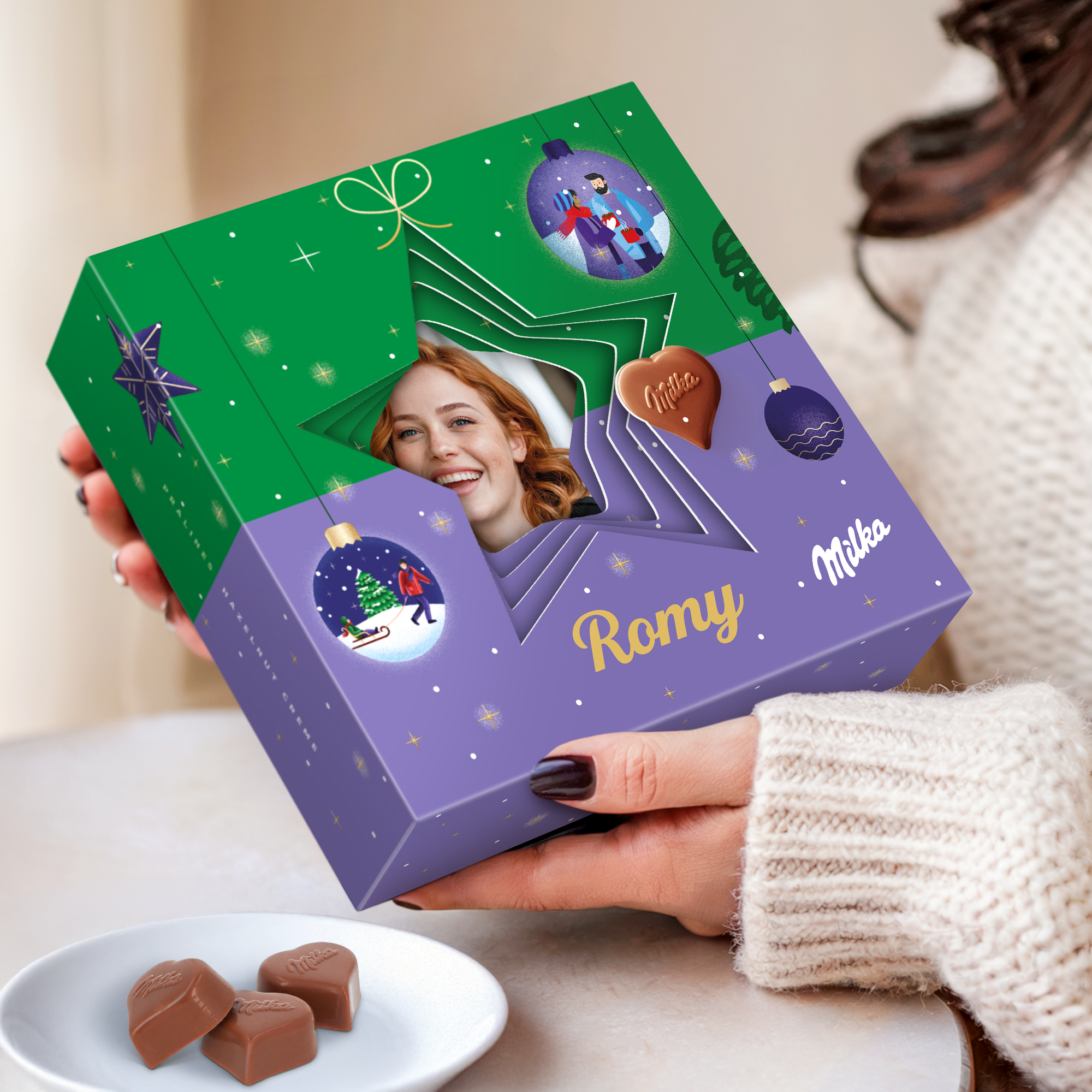 Milka 3D giftbox - Kerstmis met persoonlijke foto en de naam Romy erop gedrukt