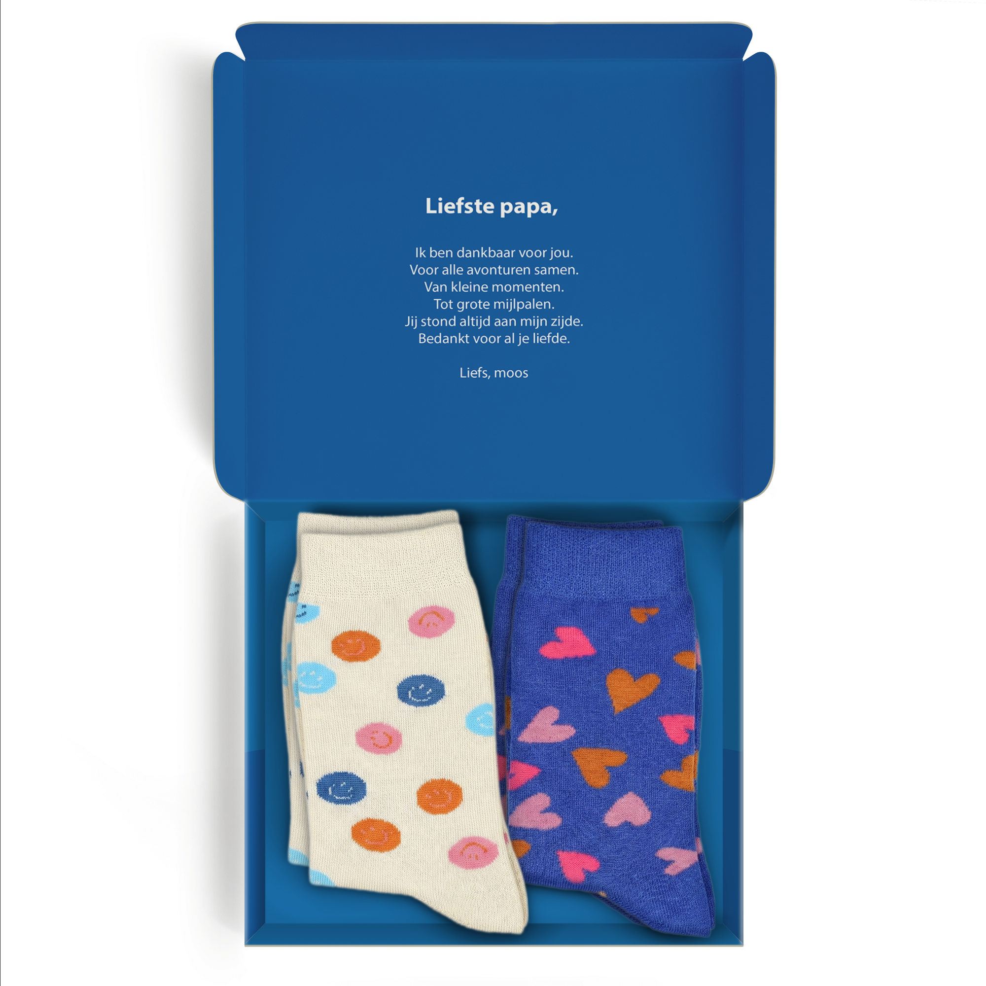 Sokken giftbox personaliseren - 2 paar sokken - 43/46. Een open giftbox met twee paar gepersonaliseerde sokken en een gedrukt bericht voor papa.