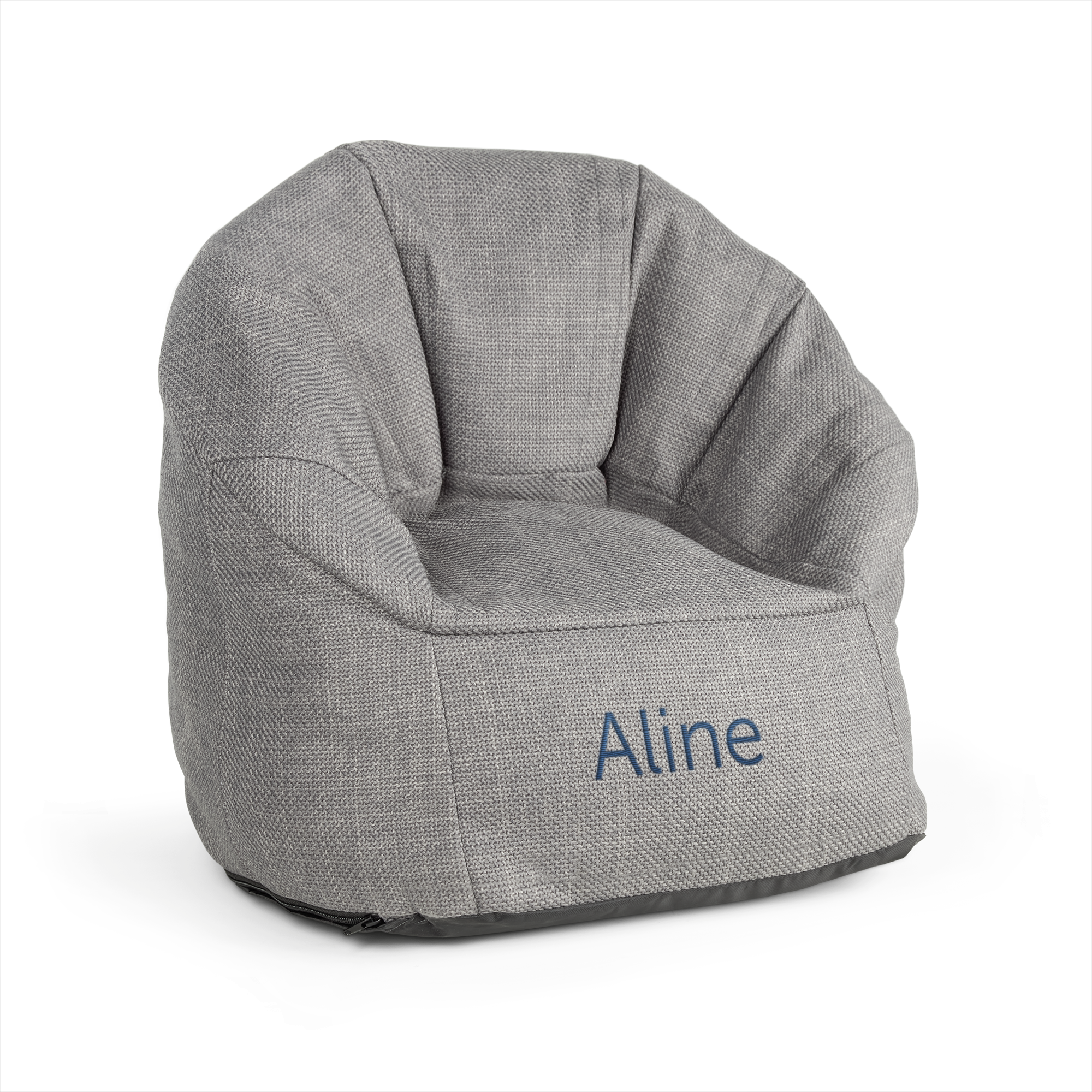 Fauteuil enfant gris avec nom brodé Aline, une chaise personnalisée douce et confortable