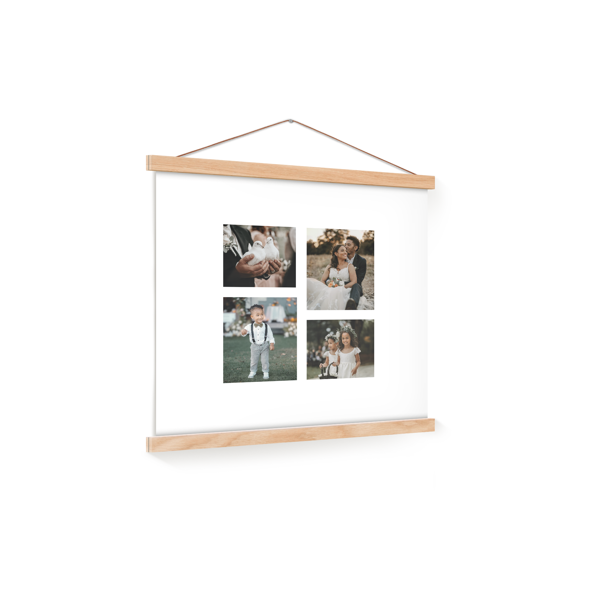 Afiș foto personalizat cu umeraș magnetic din lemn, imprimat cu patru fotografii, ideal pentru perete