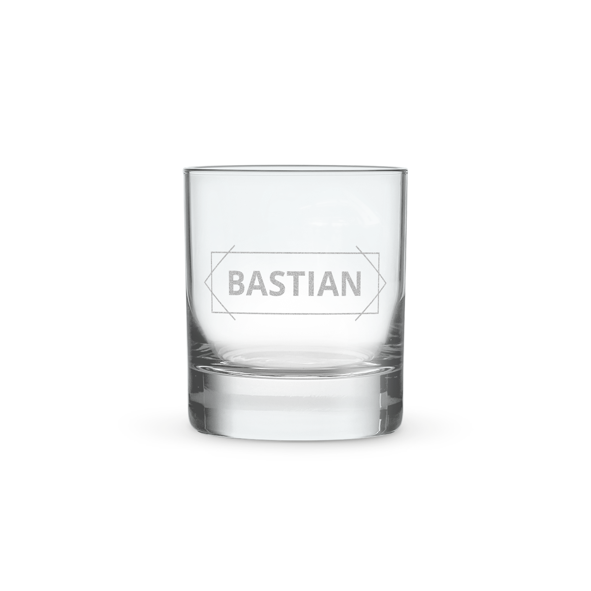 Whisky Glas mit dem Namen BASTIAN im Rechteck Design. Der Name ist auf dem Glas graviert.