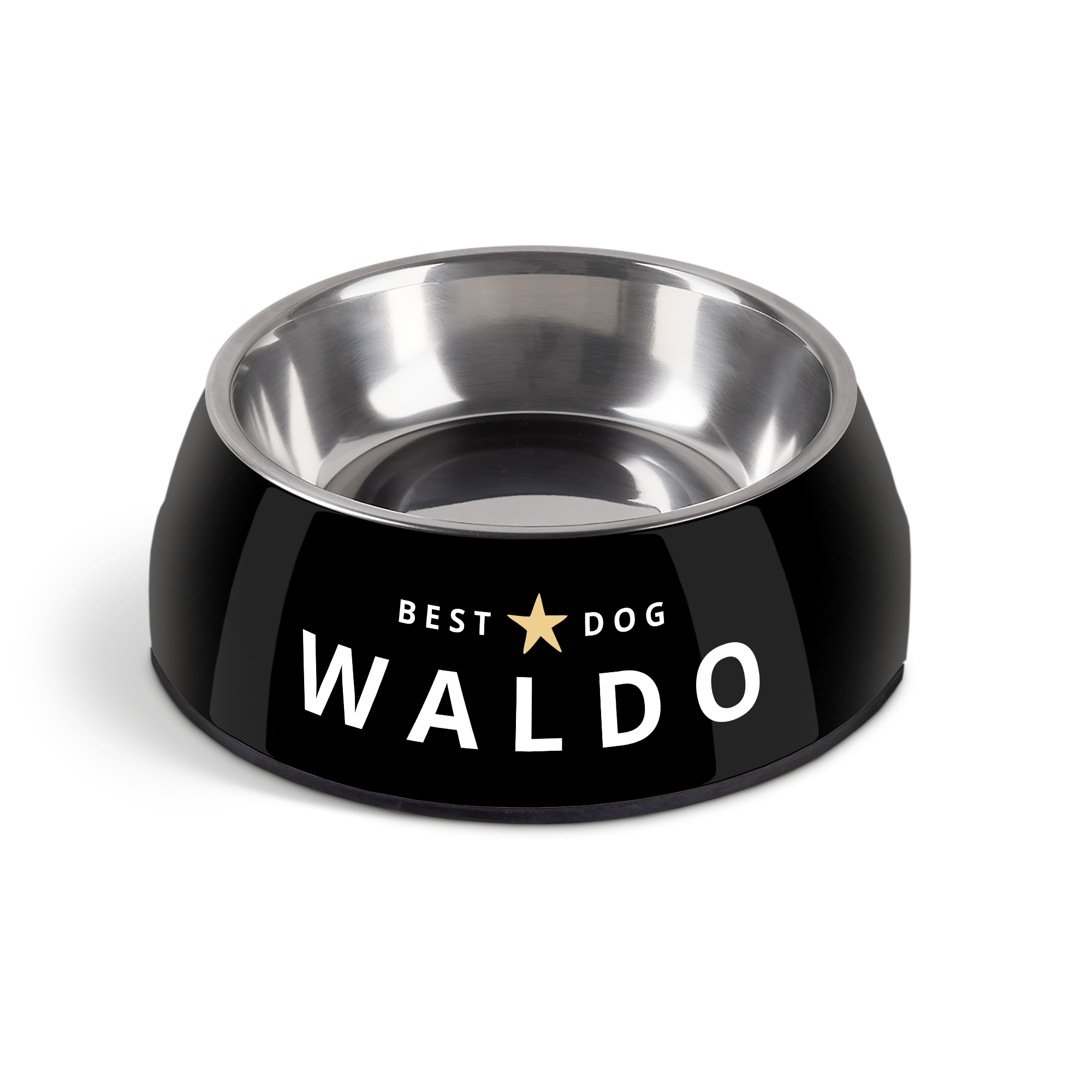 Personalisierter Hundefutternapf - Schwarz - 700 ml, mit Namen Waldo und “Best Dog” goldener Stern, aufgedruckt