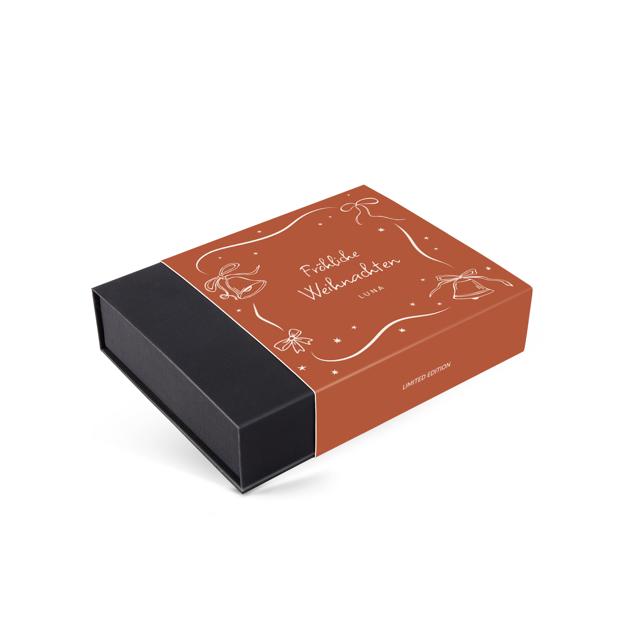 Eine braune Pralinenverpackung selbst gestalten – 16 Pralinen, bedruckt mit Frohe Weihnachten und einem Namen