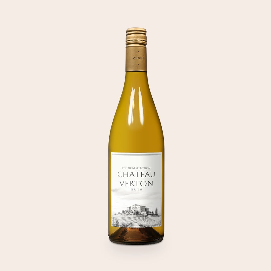 Wijn Salentein Chardonnay personaliseren Fles Salentein Chardonnay met persoonlijk bedrukt etiket met afbeelding van Chateau Verton