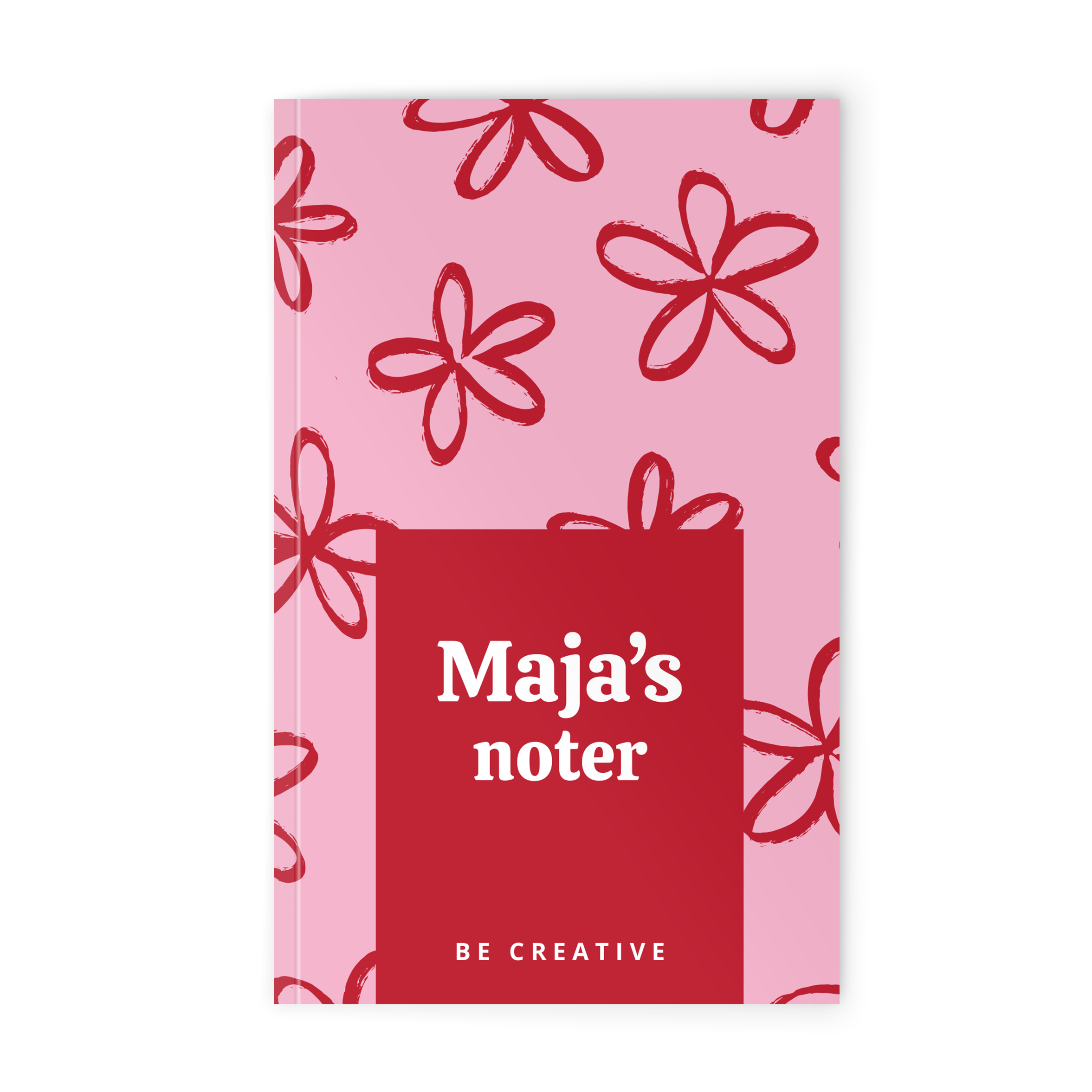 Personlig notesbog med et lyserødt blomsterdesign og teksten Majas noter, trykt med et billede. Tilpas en notesbog.
