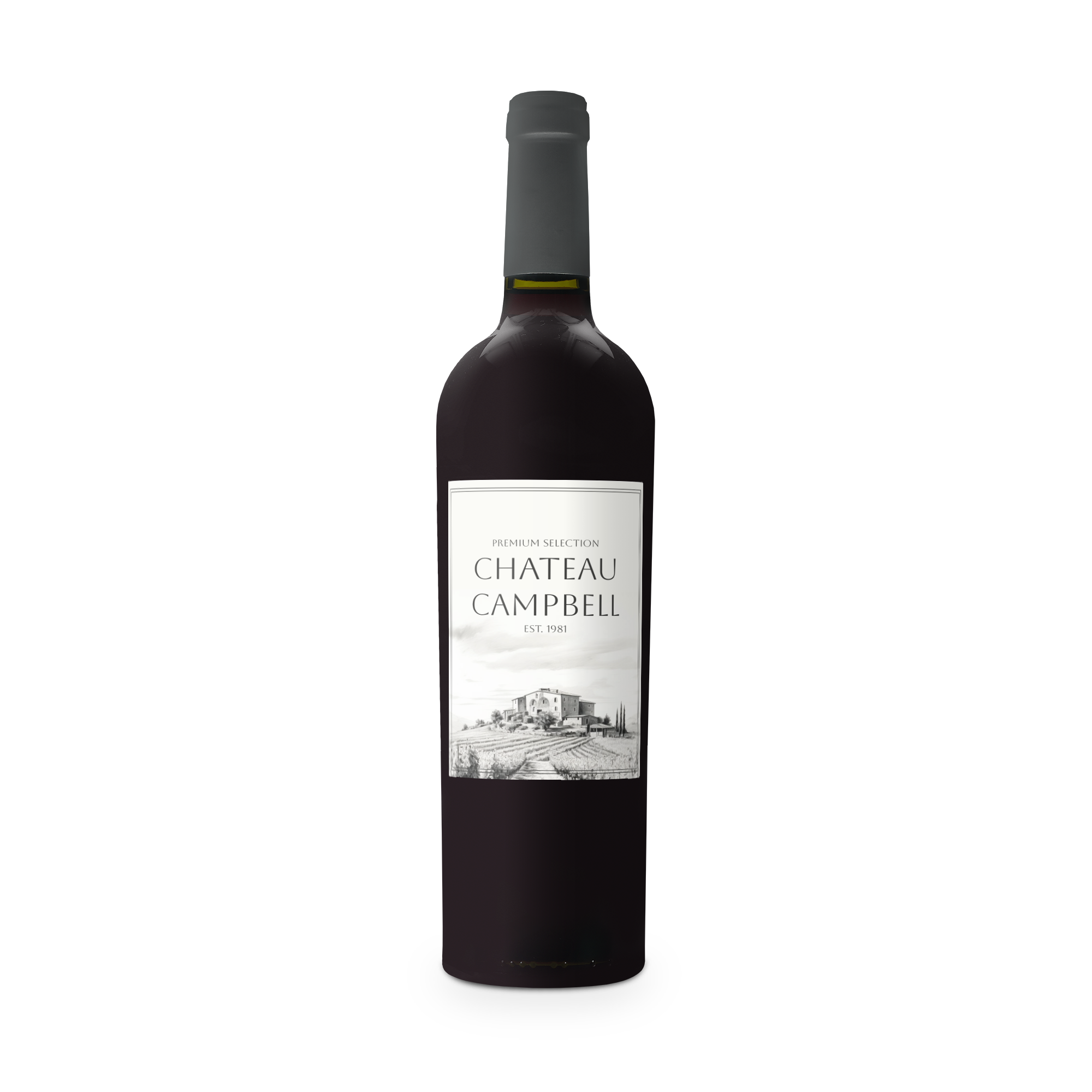 Láhev Riondo Merlot s personalizovanou etiketou tištěnou s názvem "Chateau Campbell" a černobílým obrázkem vinice s domem