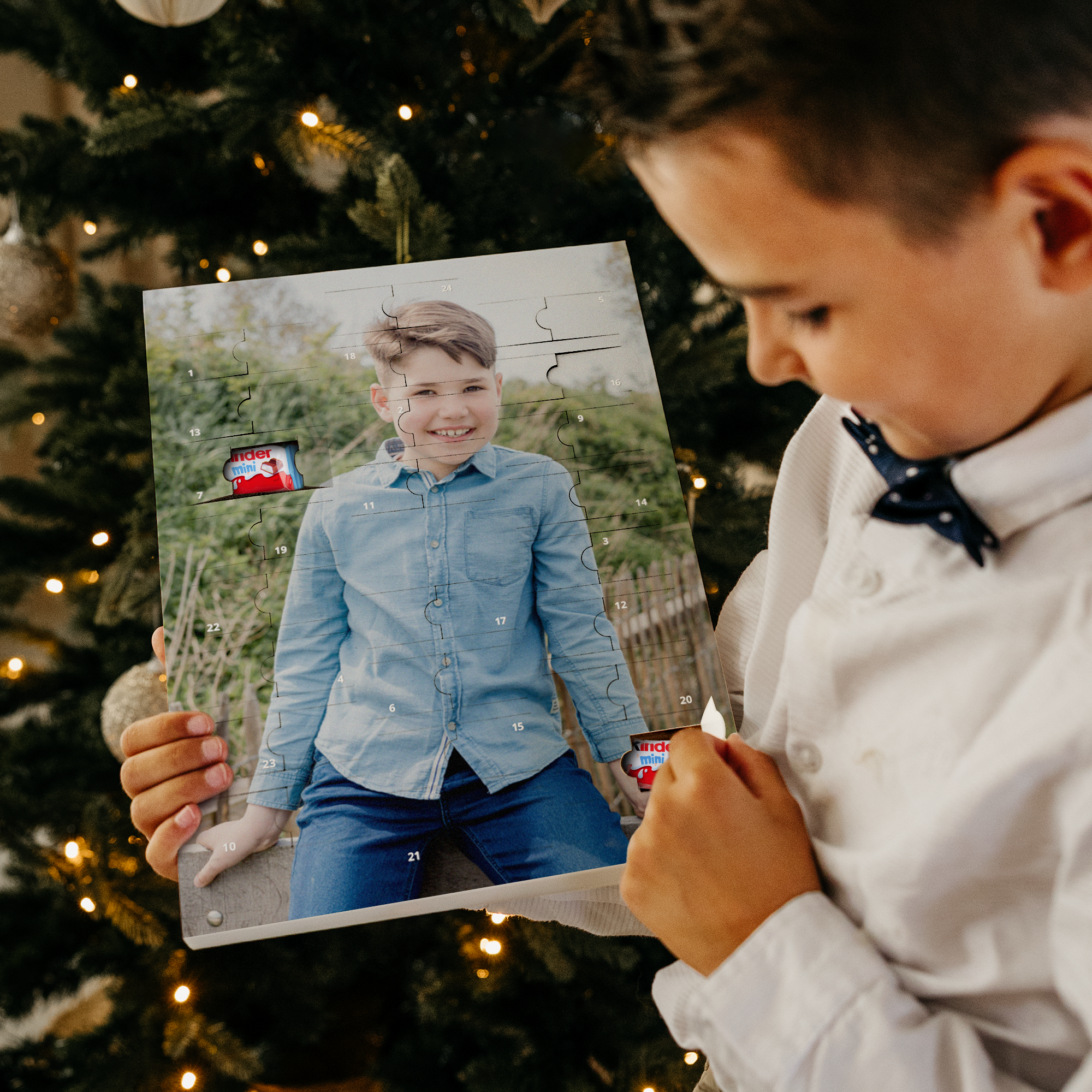 Personlig Kinder sjokolade adventskalender trykt med eget bilde av en smilende gutt.