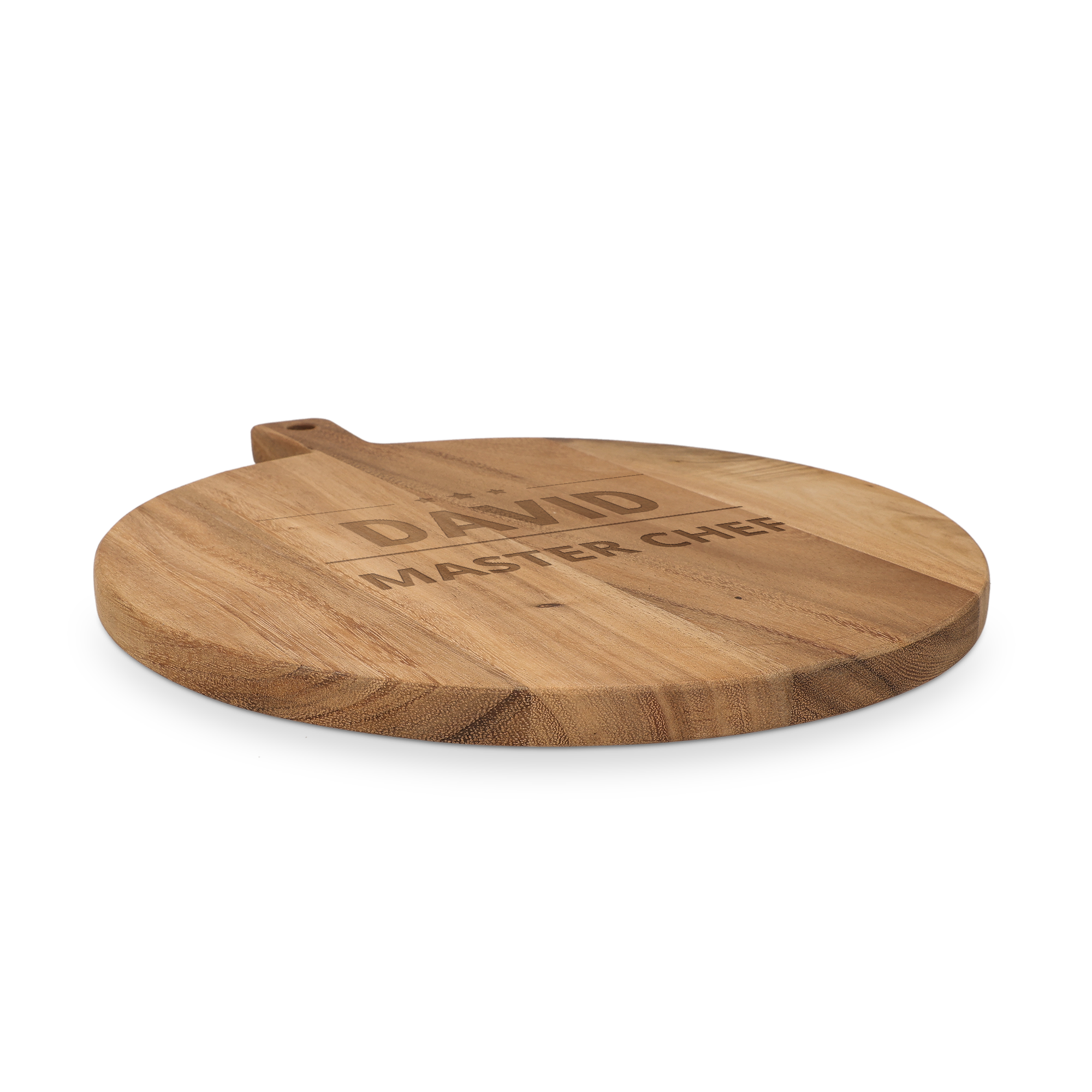 Round wooden serving platter engraved with the name David Master Chef and three stars.