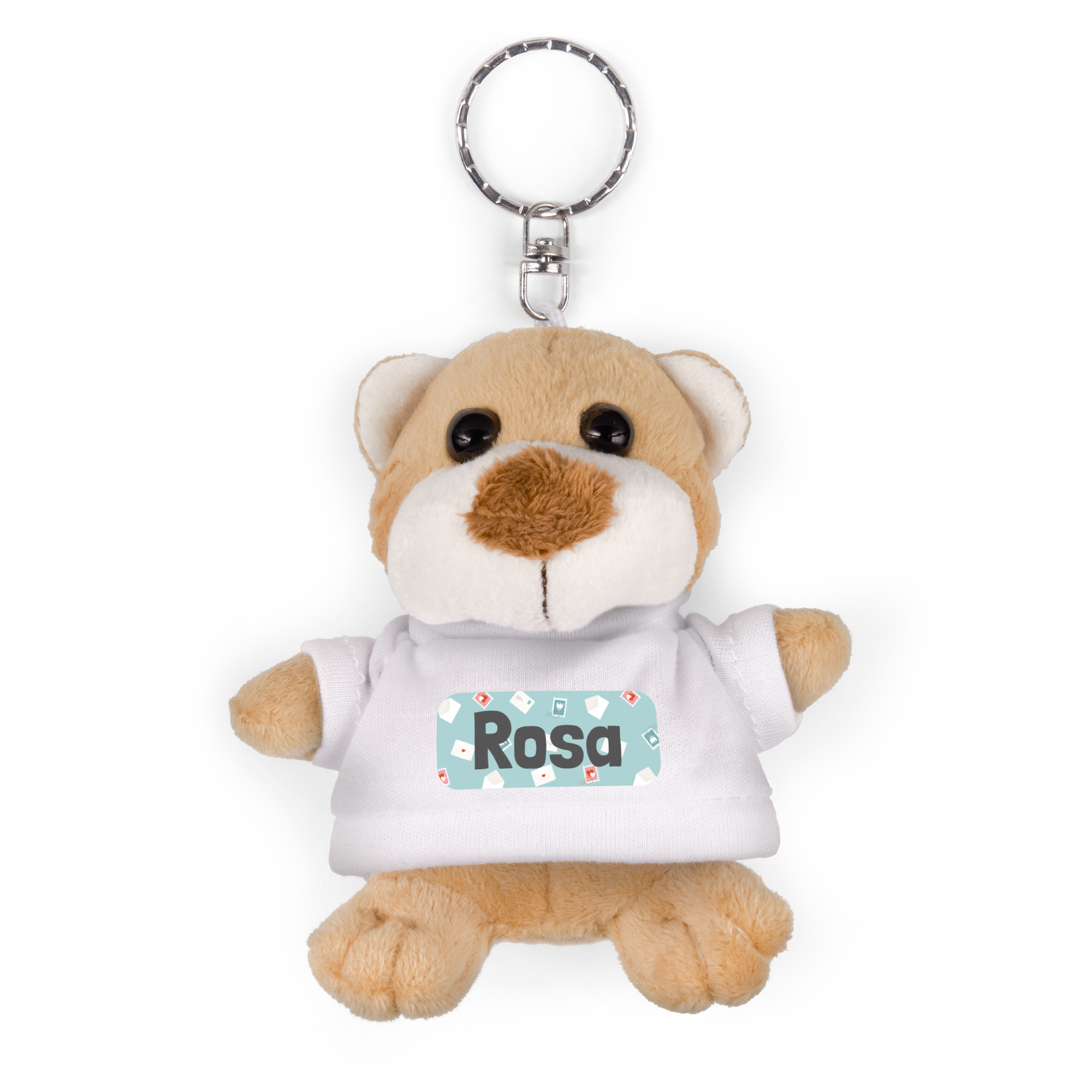 Portachiavi orsetto di peluche marrone chiaro con maglietta bianca stampata con il nome Rosa