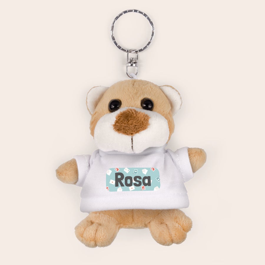Portachiavi Orsetto - Con Nome Portachiavi orsetto di peluche marrone chiaro con maglietta bianca stampata con il nome Rosa